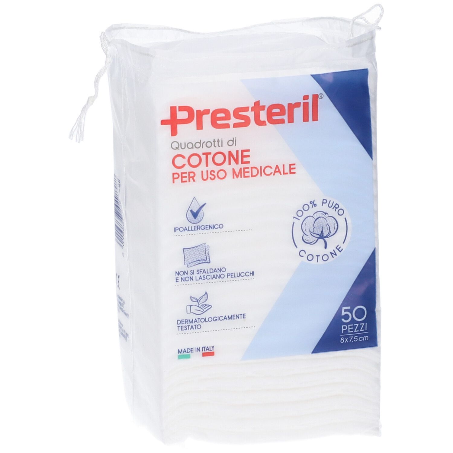 Confezione Presteril con 50 quadrati di cotone. Scritta: 100% puro cotone. Per uso medico.