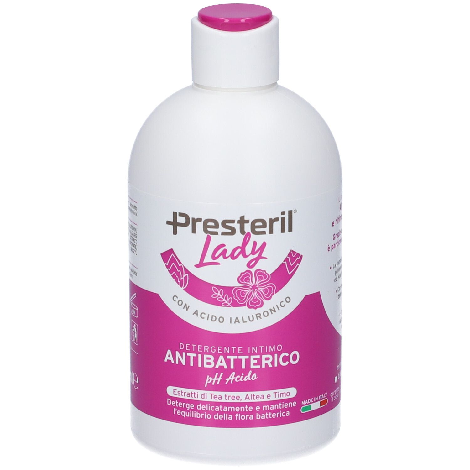 Flacone bianco con etichetta rosa. Scritta: Presteril Lady, Detergente Intimo Antibatterico, pH Acido. Motivo floreale.