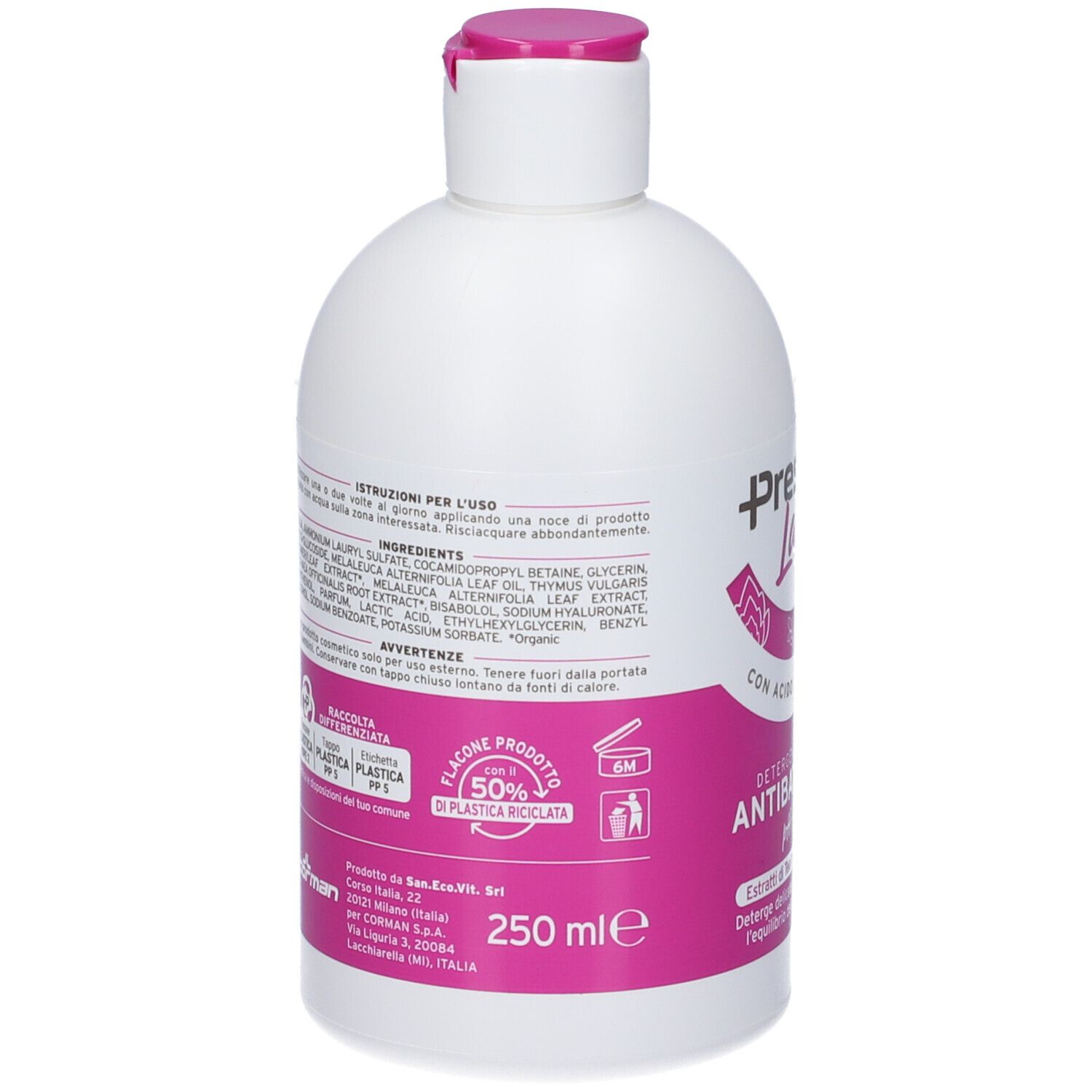 Retro del flacone bianco con etichetta rosa. Contiene ingredienti, istruzioni e informazioni sul riciclo.