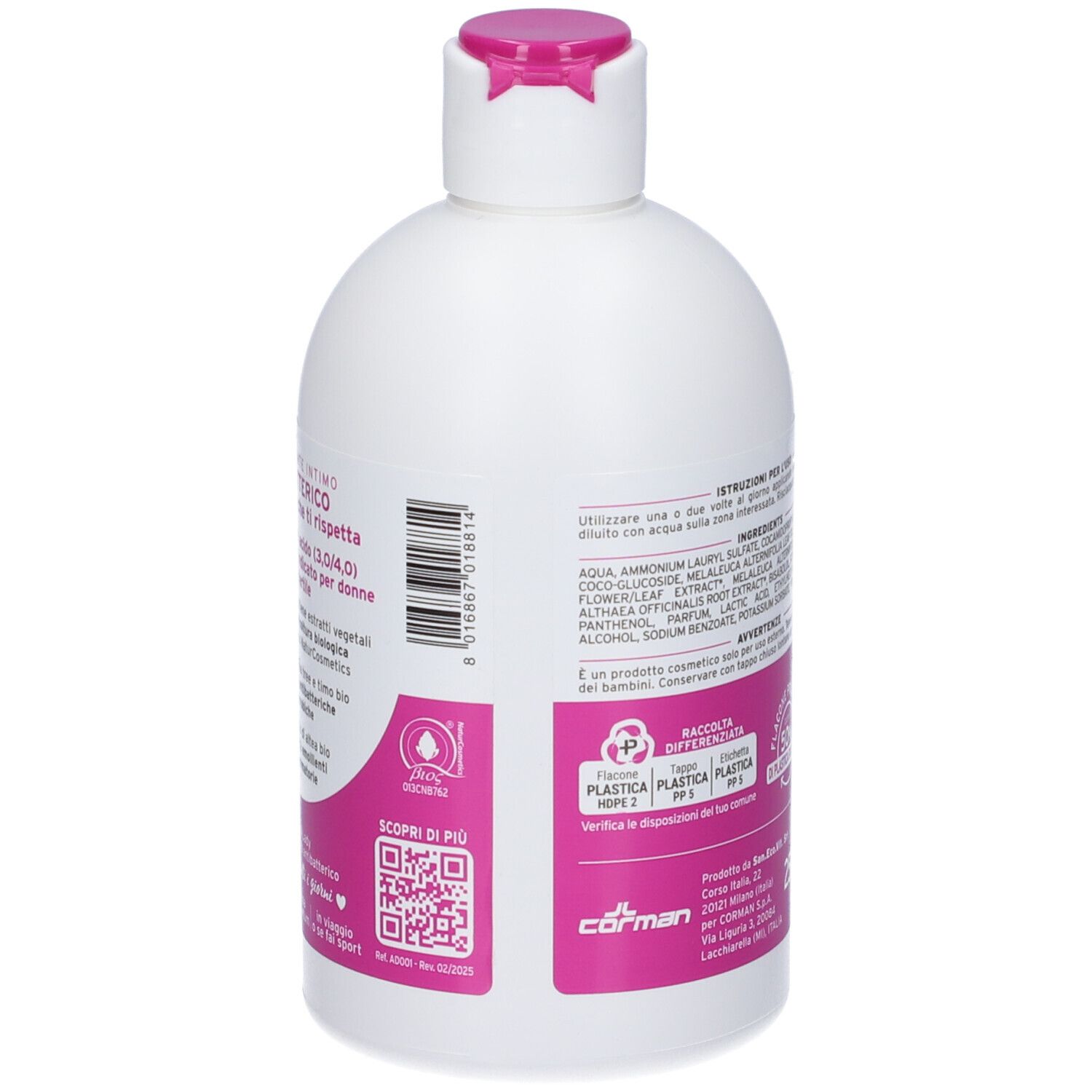 Retro del flacone bianco con etichetta rosa. Contiene ingredienti, istruzioni e codice QR.