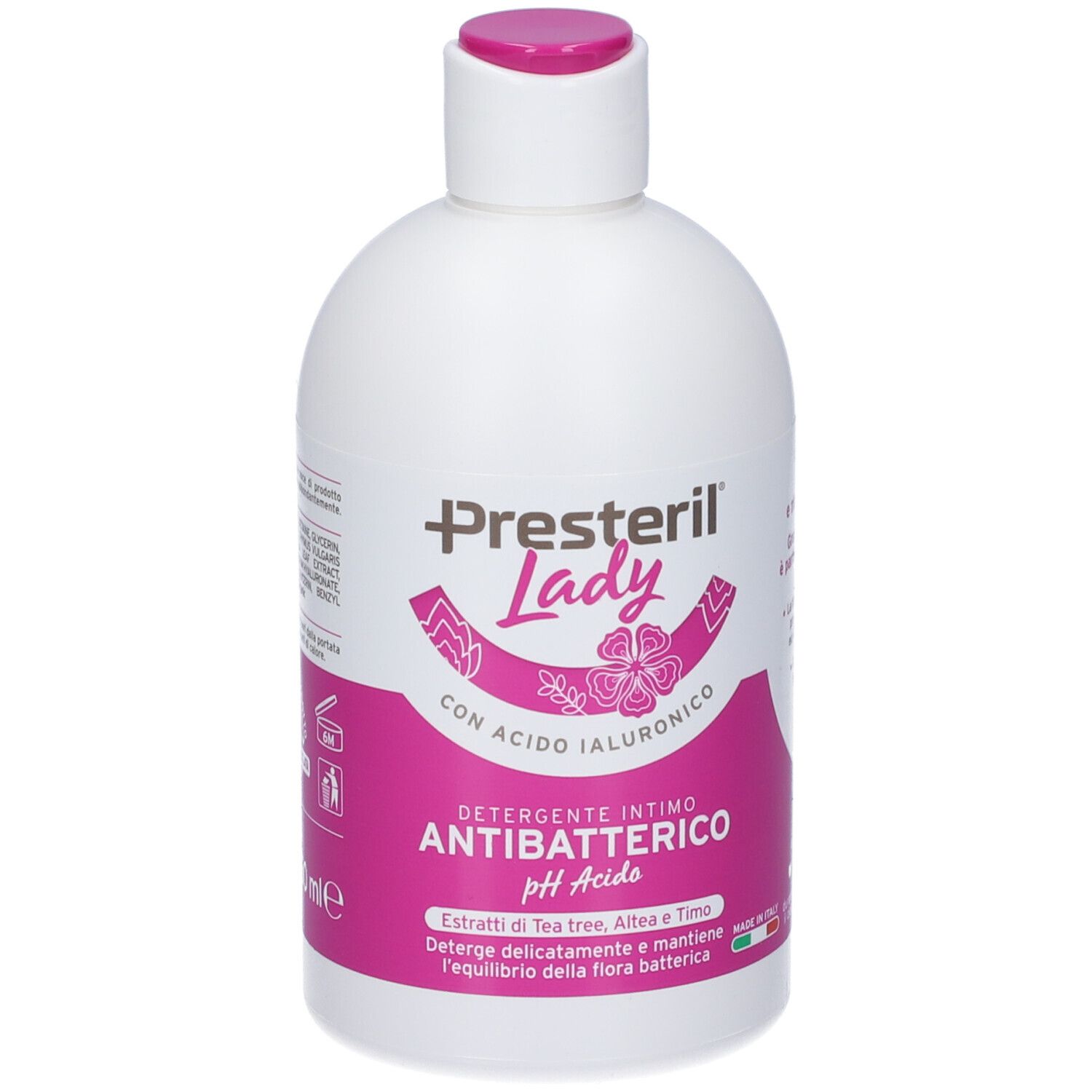Flacone bianco con etichetta rosa. Scritta: Presteril Lady, Detergente Intimo Antibatterico, pH Acido. Motivo floreale.