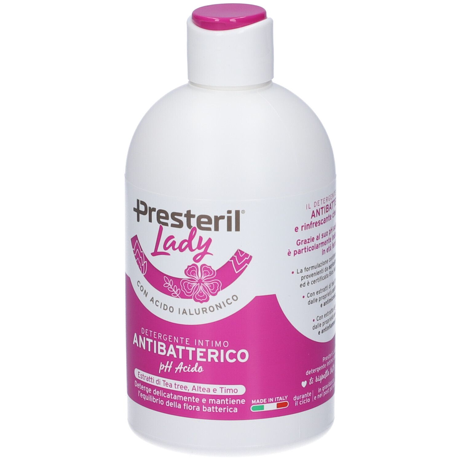 Flacone bianco con etichetta rosa. Scritta: Presteril Lady, Detergente Intimo Antibatterico, pH Acido. Motivo floreale.