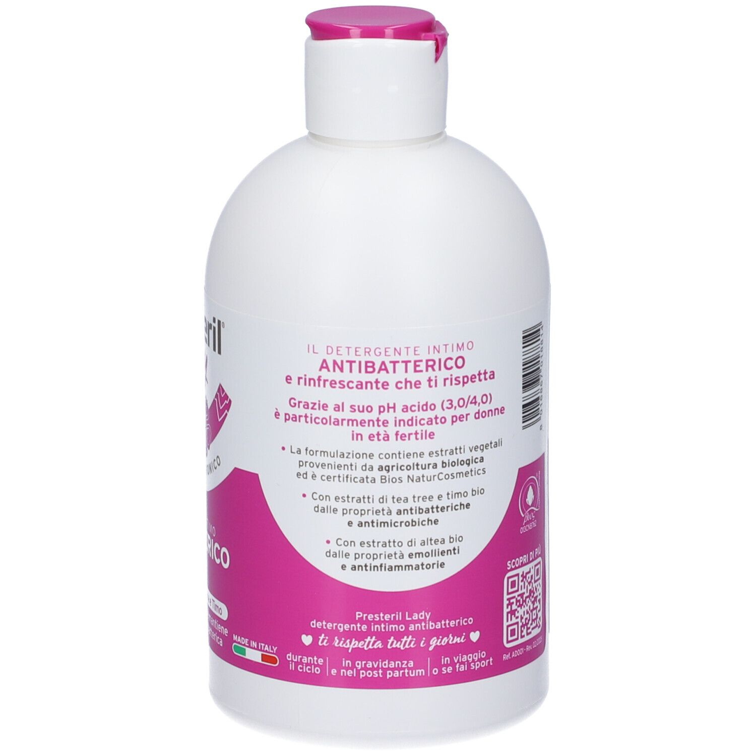 Retro del flacone bianco con etichetta rosa. Contiene informazioni sul prodotto e codice QR.