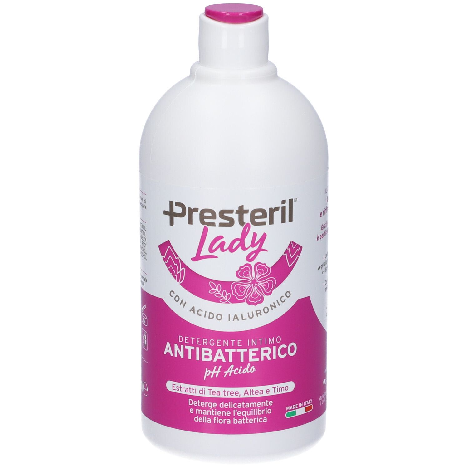 Flacone bianco con etichetta rosa. Scritta: Presteril Lady, Detergente Intimo Antibatterico pH Acido.