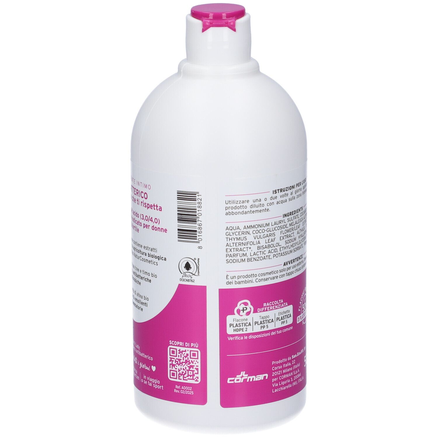 Retro di un flacone bianco con etichetta rosa. Contiene informazioni e codice QR.