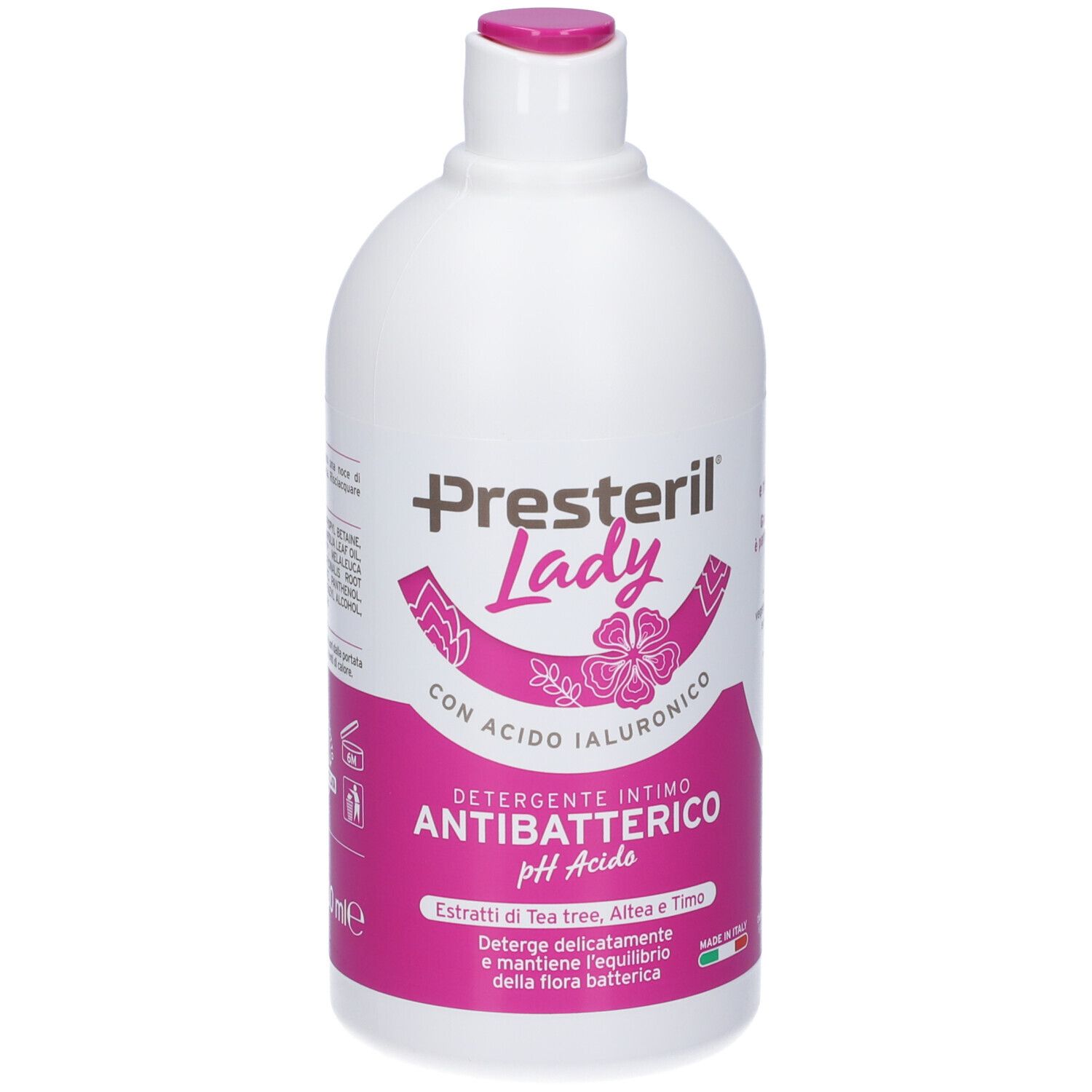 Flacone bianco con etichetta rosa. Scritta: Presteril Lady, Detergente Intimo Antibatterico pH Acido.