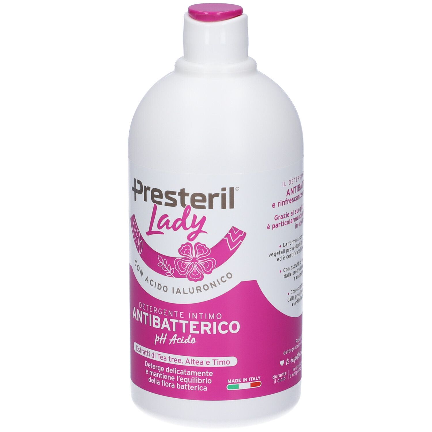 Flacone bianco con etichetta rosa. Scritta: Presteril Lady, Detergente Intimo Antibatterico pH Acido.