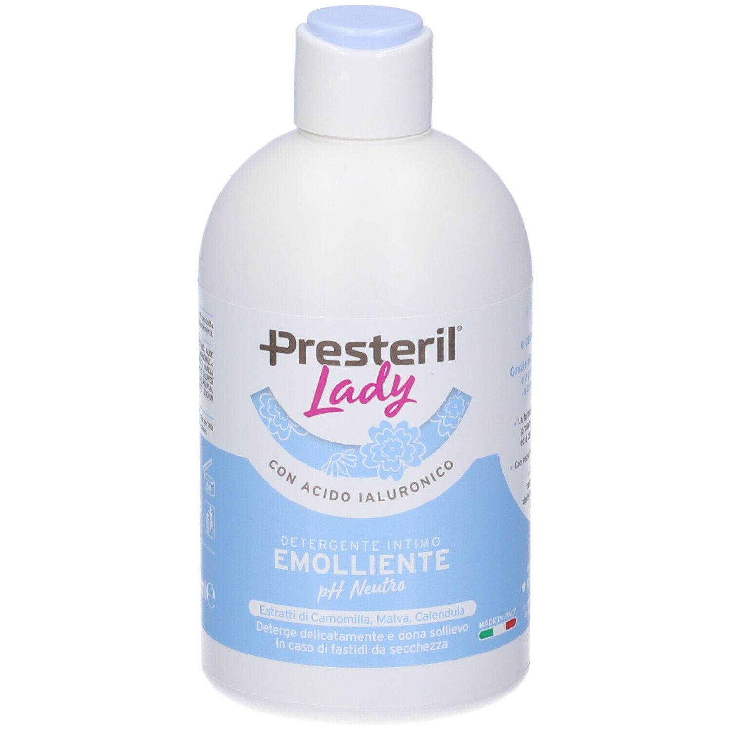 Retro del flacone bianco. Testo: ingredienti, istruzioni per l'uso, avvertenze, 250 ml.