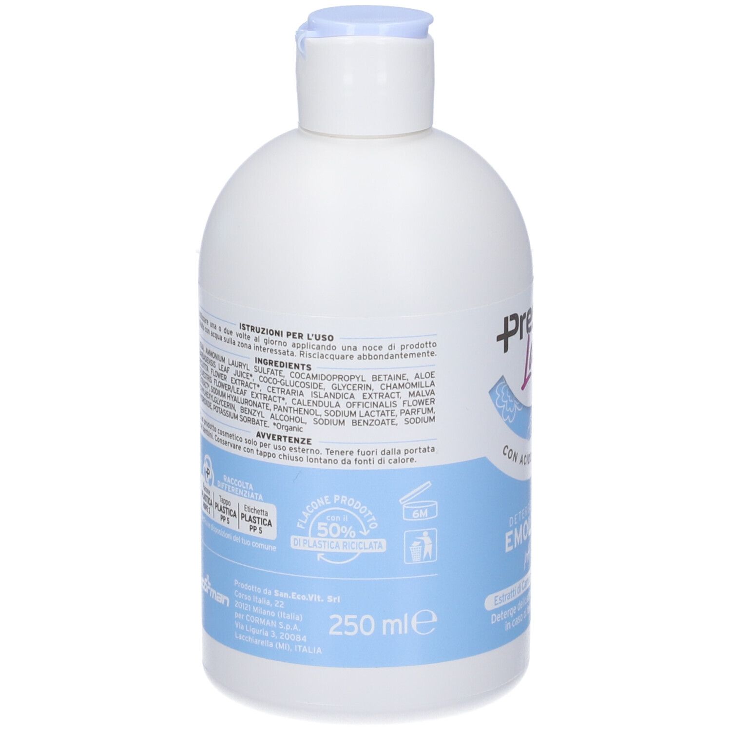 Retro del flacone bianco. Testo: ingredienti, istruzioni per l'uso, avvertenze, 250 ml.