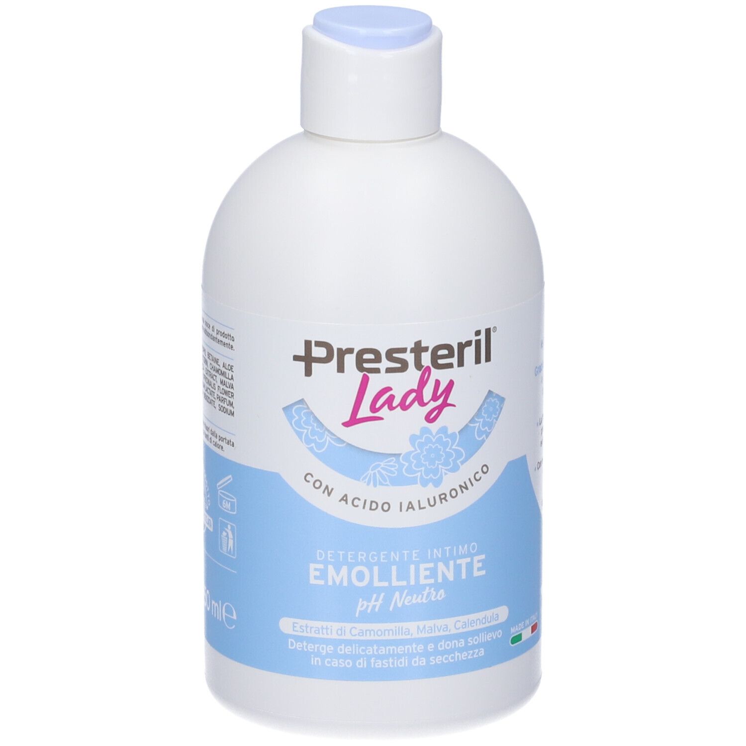 Flacone bianco con etichetta blu. Scritta: Presteril Lady, Detergente Intimo Emolliente pH Neutro.