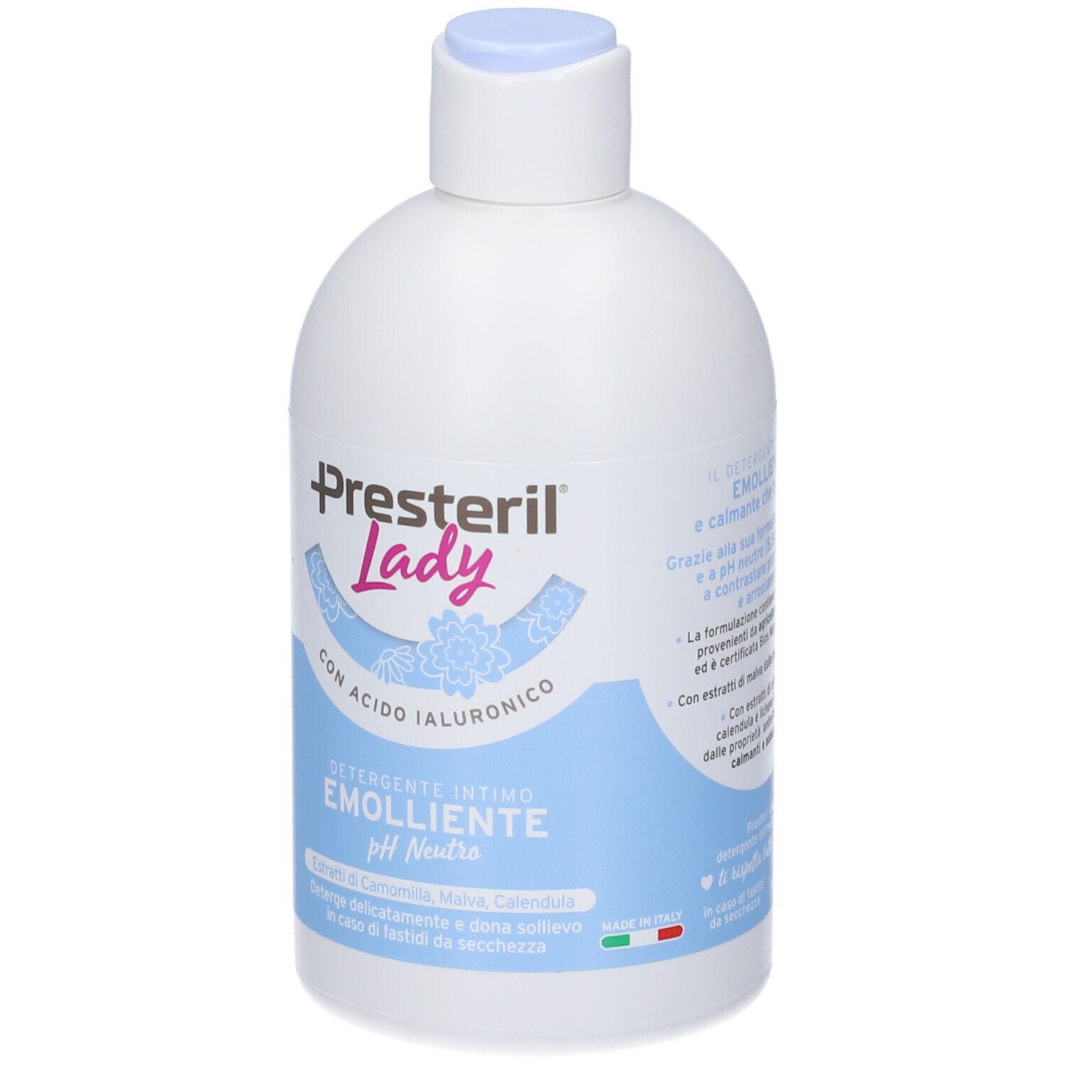 Flacone bianco con etichetta blu. Scritta: Presteril Lady, Detergente Intimo Emolliente pH Neutro.