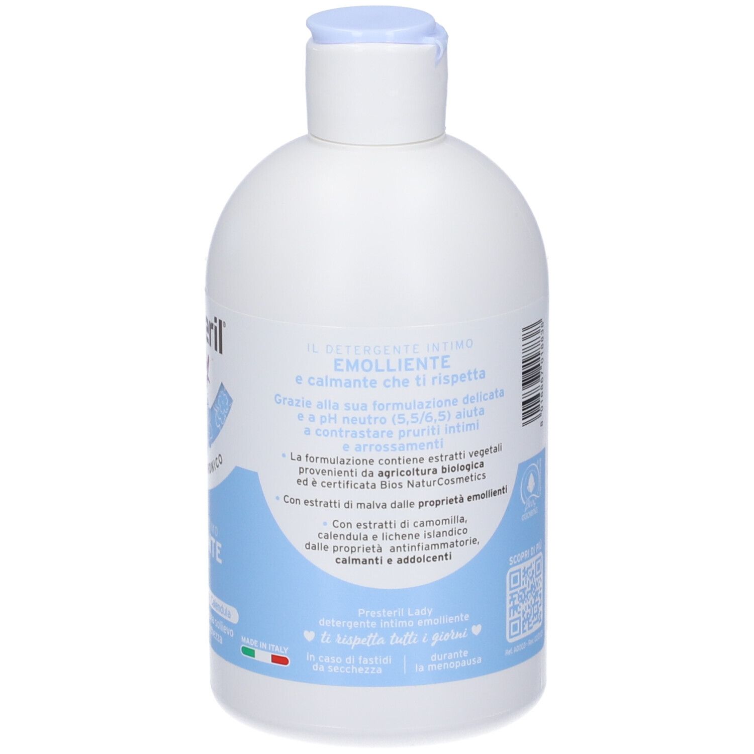 Retro del flacone bianco. Testo: ingredienti, istruzioni per l'uso, avvertenze, 250 ml.