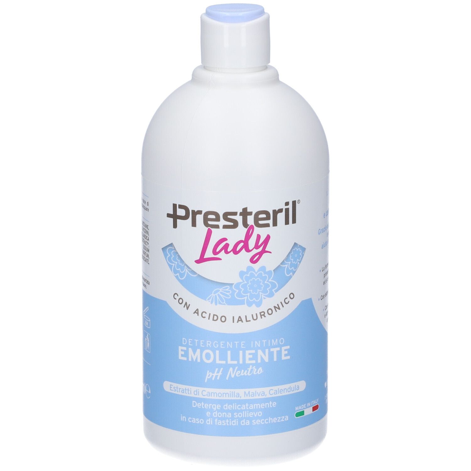 Flacone bianco, tappo blu. Retro con ingredienti e istruzioni per l'uso. 500 ml.