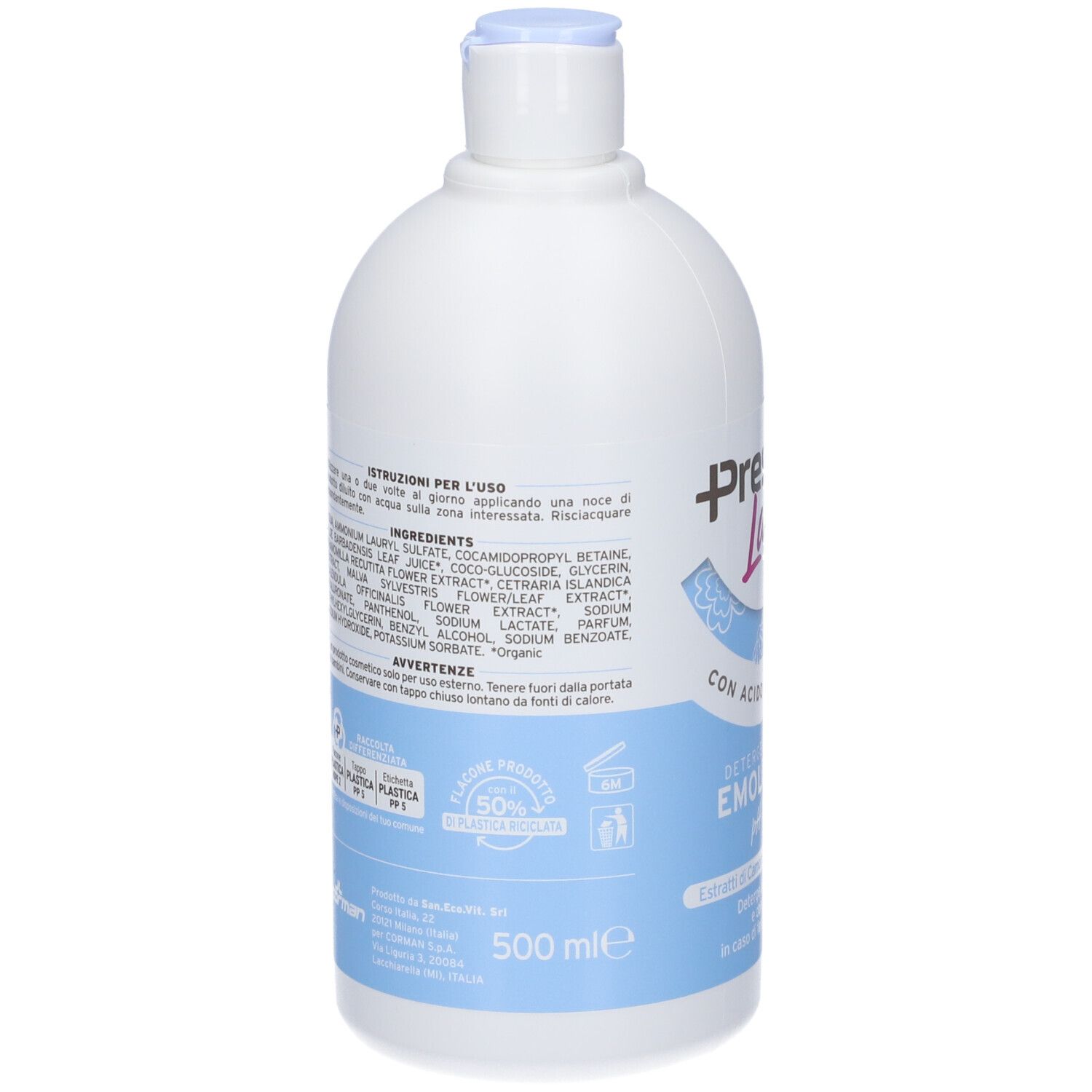 Flacone bianco, tappo blu. Retro con ingredienti e istruzioni per l'uso. Logo riciclo.