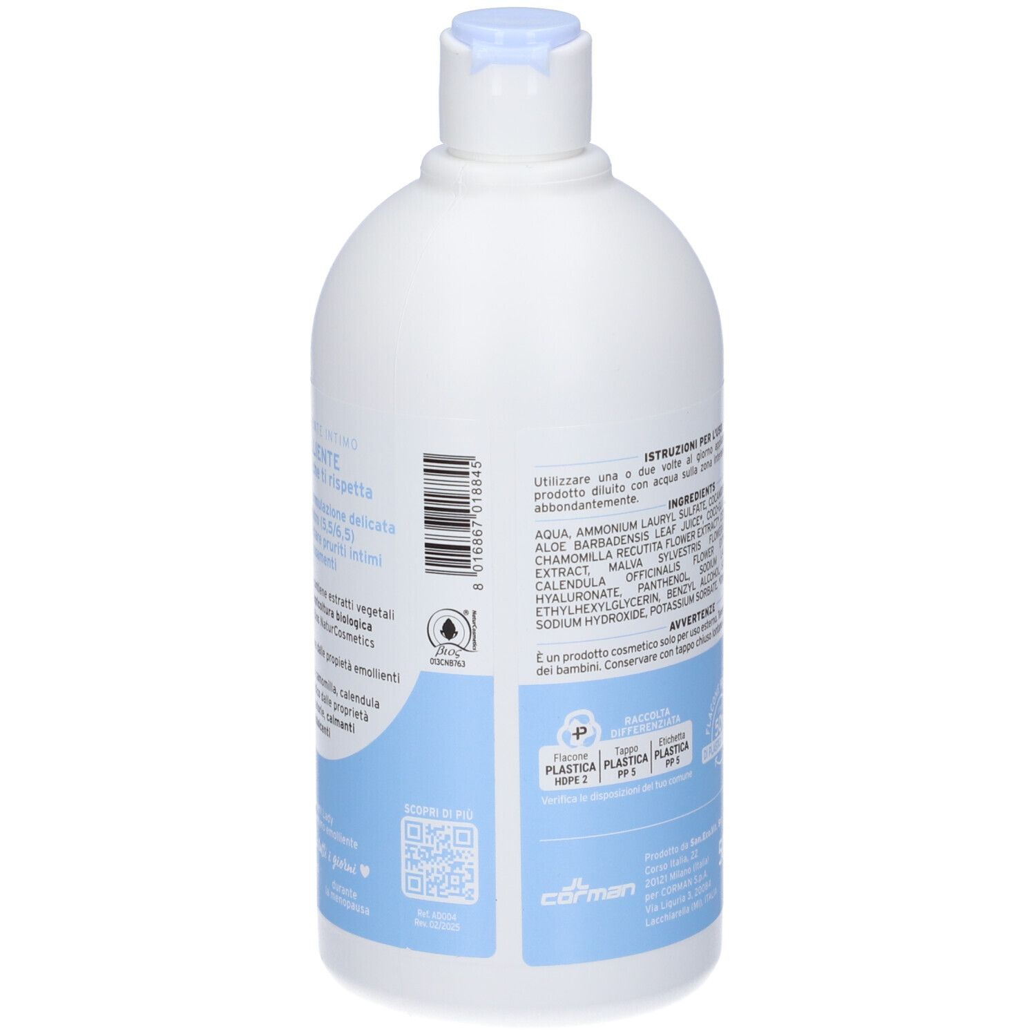 Flacone bianco con tappo blu. Scritta: Presteril Lady, Detergente Intimo Emolliente pH Neutro. Con acido ialuronico.