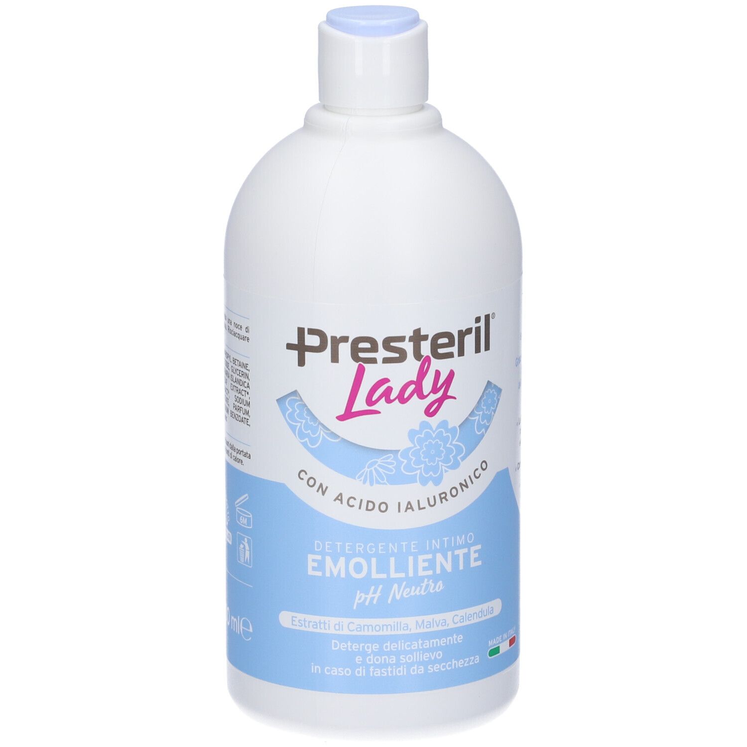 Flacone bianco con tappo blu. Scritta: Presteril Lady, Detergente Intimo Emolliente pH Neutro. Con acido ialuronico.