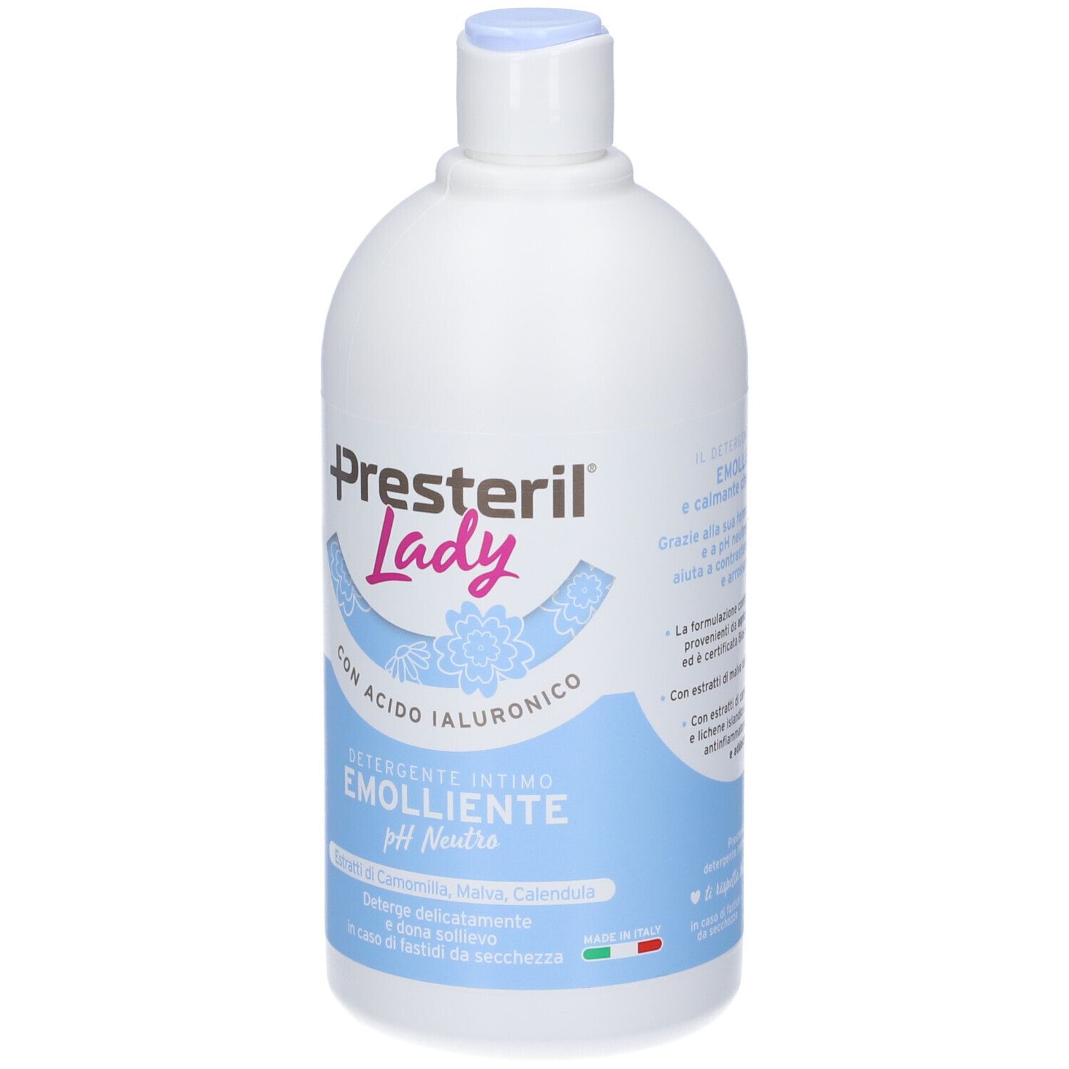 Flacone bianco con tappo blu. Scritta: Presteril Lady, Detergente Intimo Emolliente pH Neutro. Con acido ialuronico.