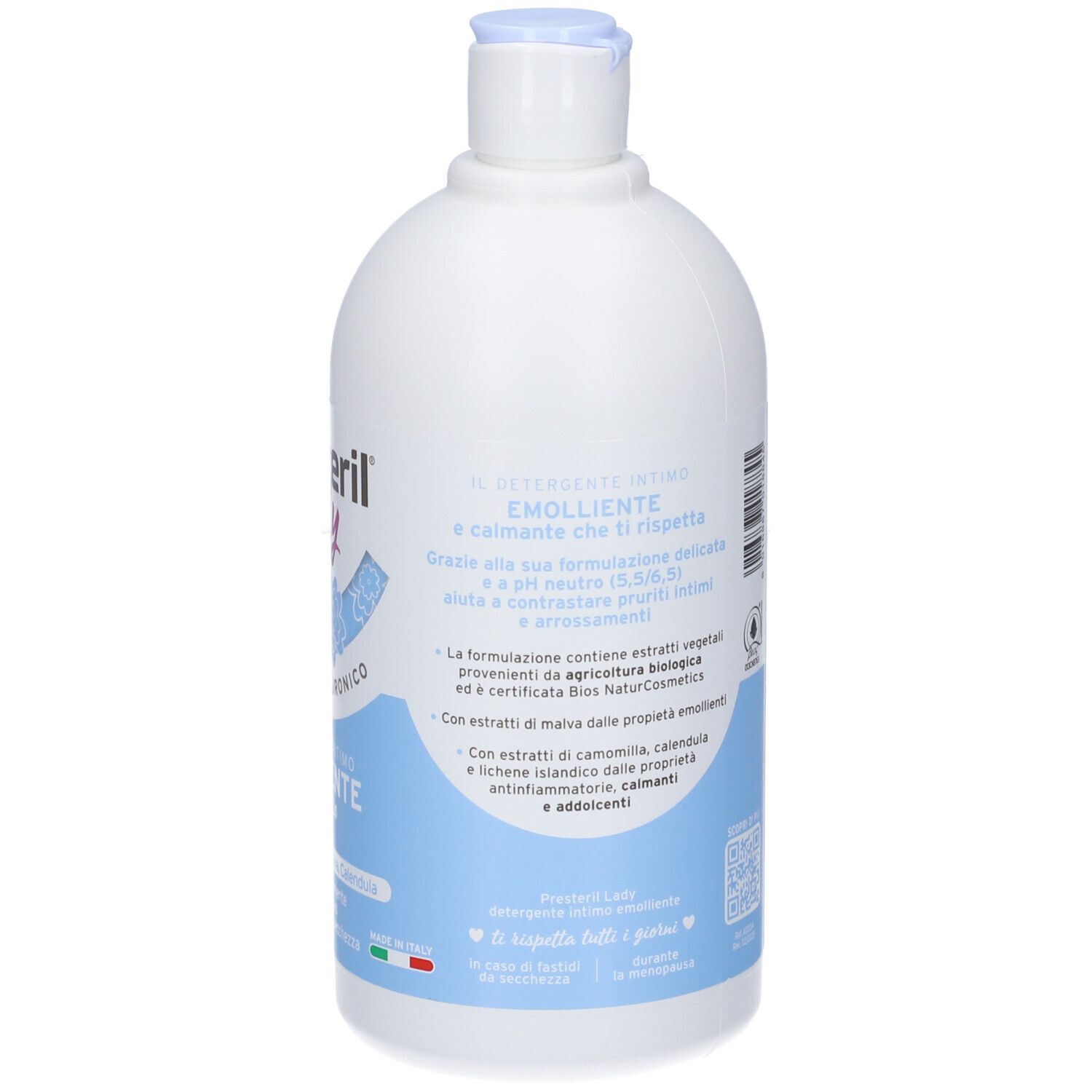 Flacone bianco, tappo blu. Retro con informazioni sul prodotto. Contiene estratti.