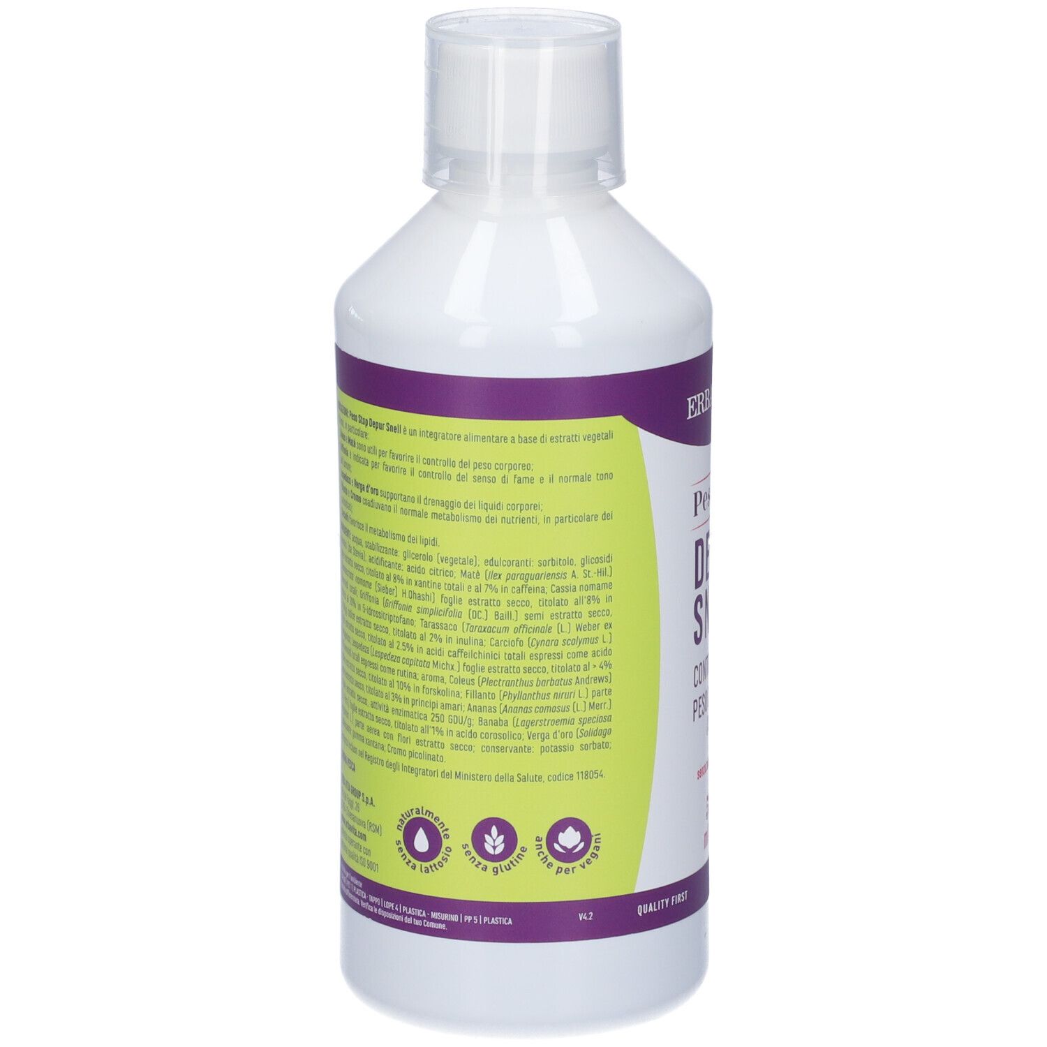 Retro della bottiglia bianca. Testo in italiano. Etichetta con ingredienti e informazioni.