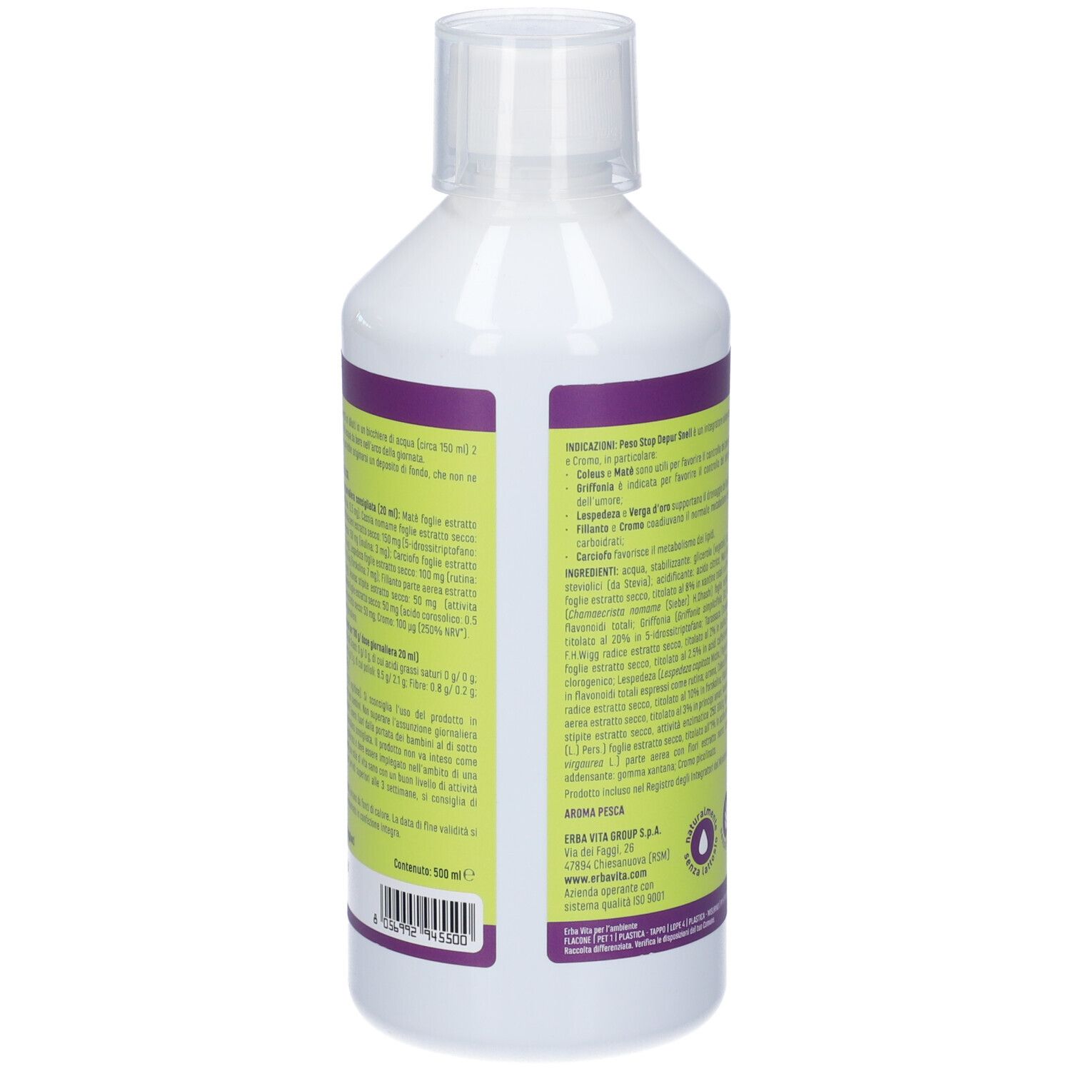 Retro della bottiglia bianca. Testo in italiano. Etichetta con ingredienti e informazioni.