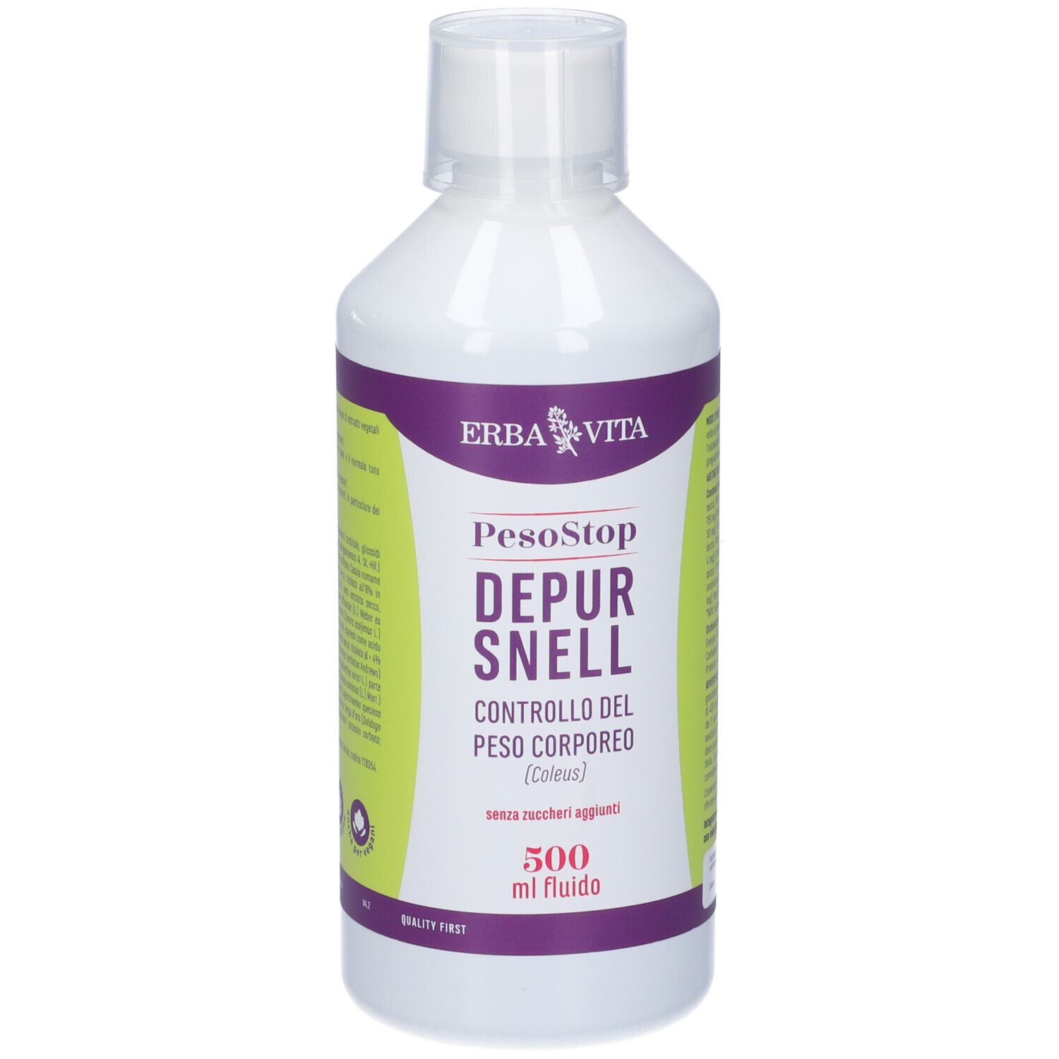 Bottiglia bianca con etichetta viola. Scritta: PesoStop Depur Snell, 500 ml. Marchio: Erba Vita.