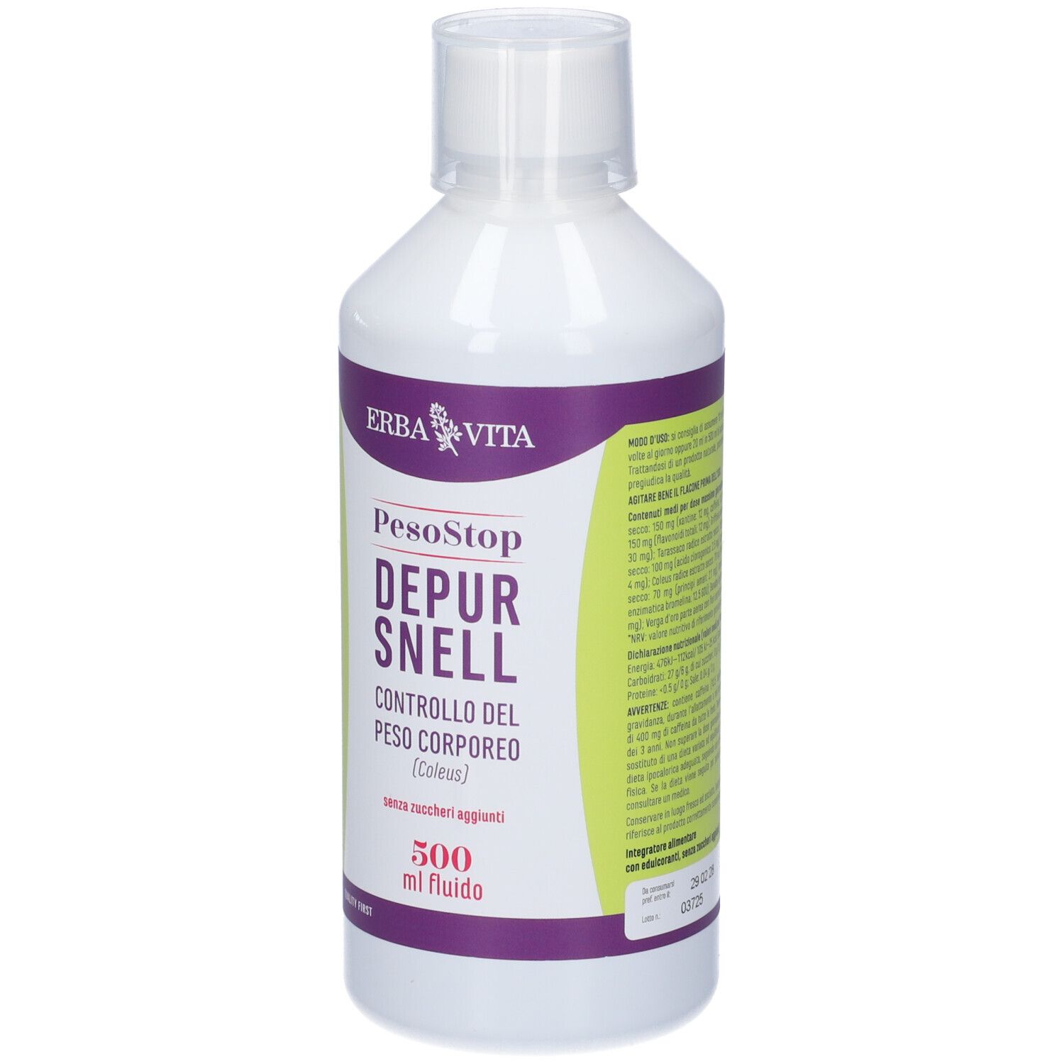Bottiglia bianca con etichetta viola. Scritta: PesoStop Depur Snell, 500 ml. Marchio: Erba Vita.