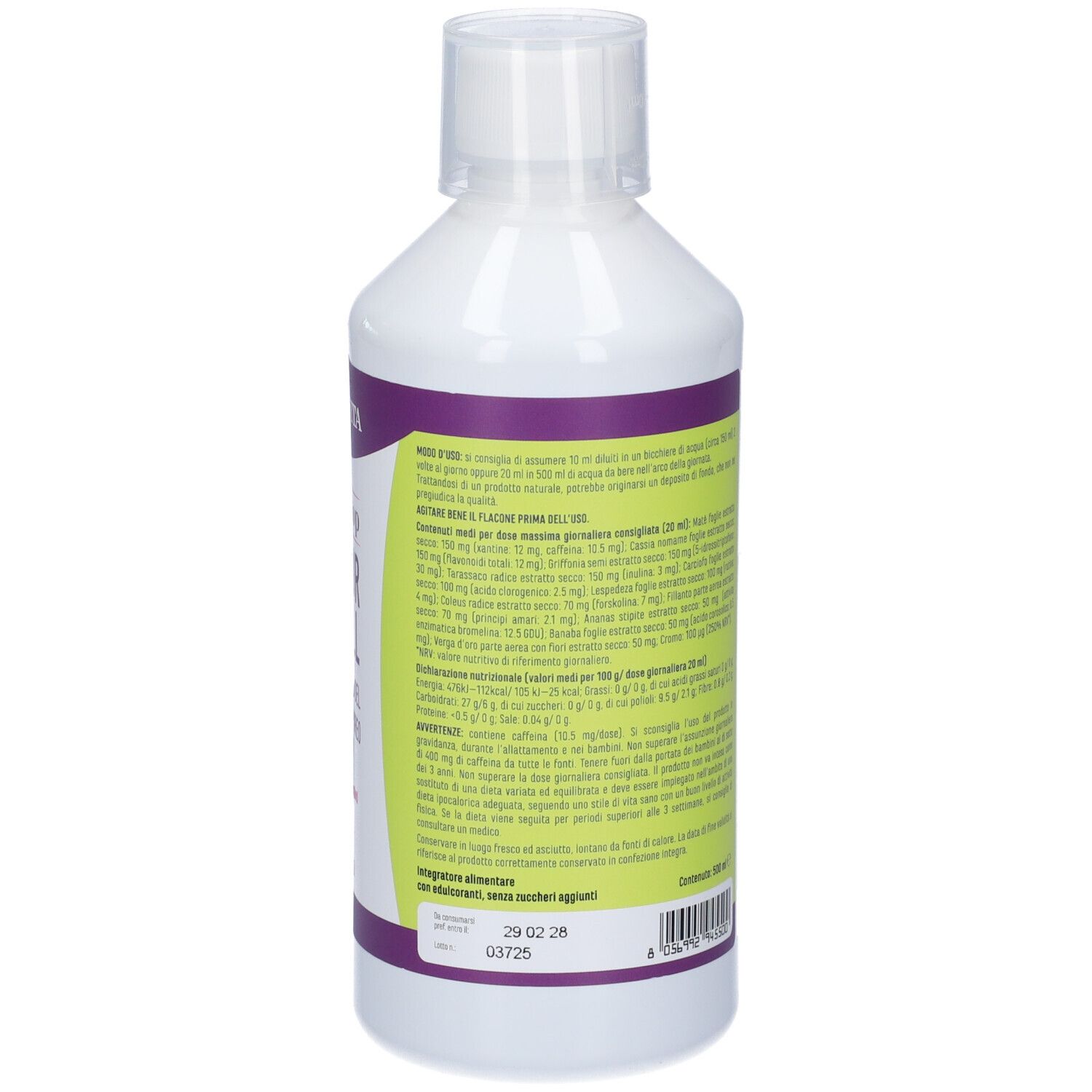 Retro della bottiglia bianca. Testo in italiano. Etichetta con ingredienti e informazioni.