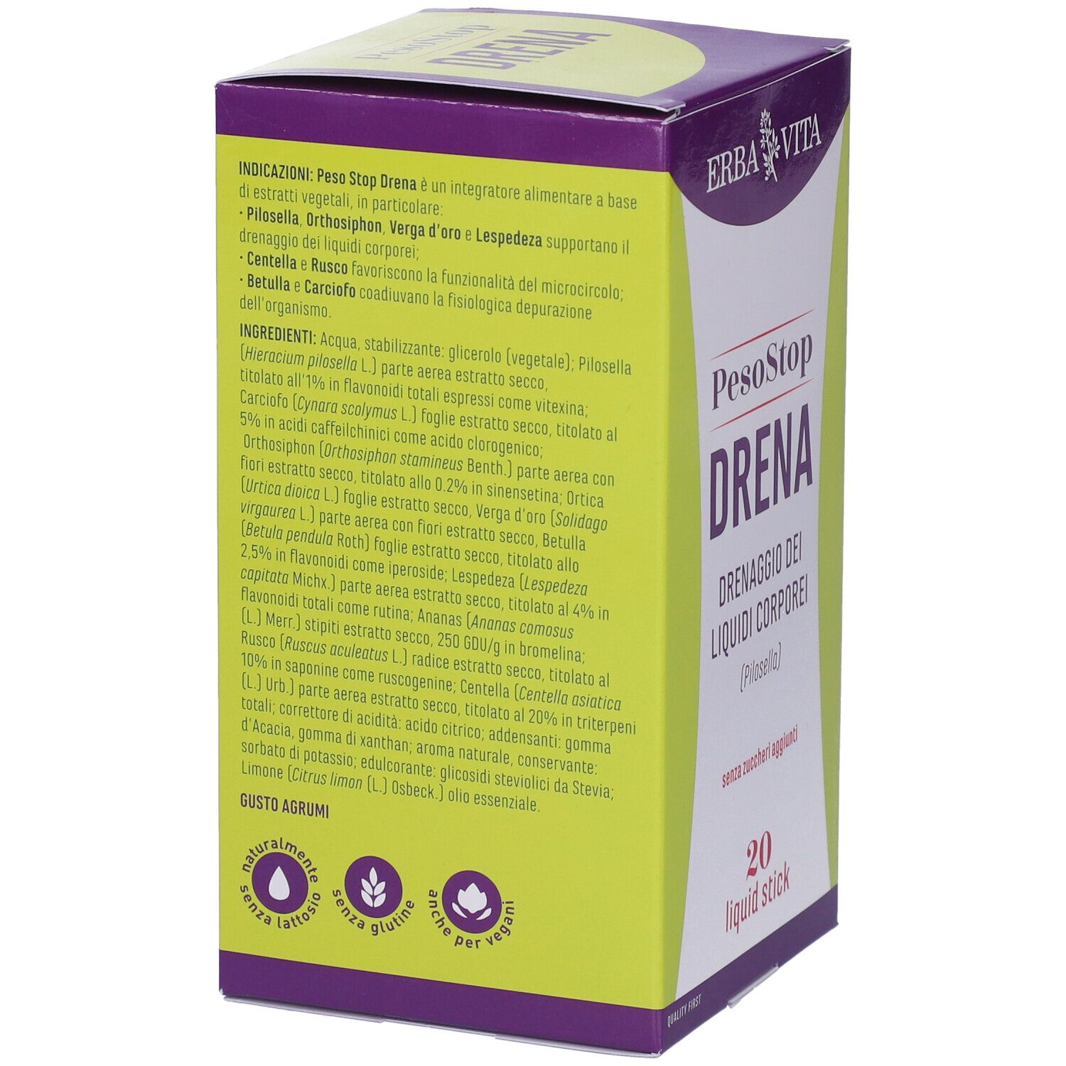 Retro della scatola. Testo con ingredienti e informazioni sul prodotto. Marchio: Erba Vita.