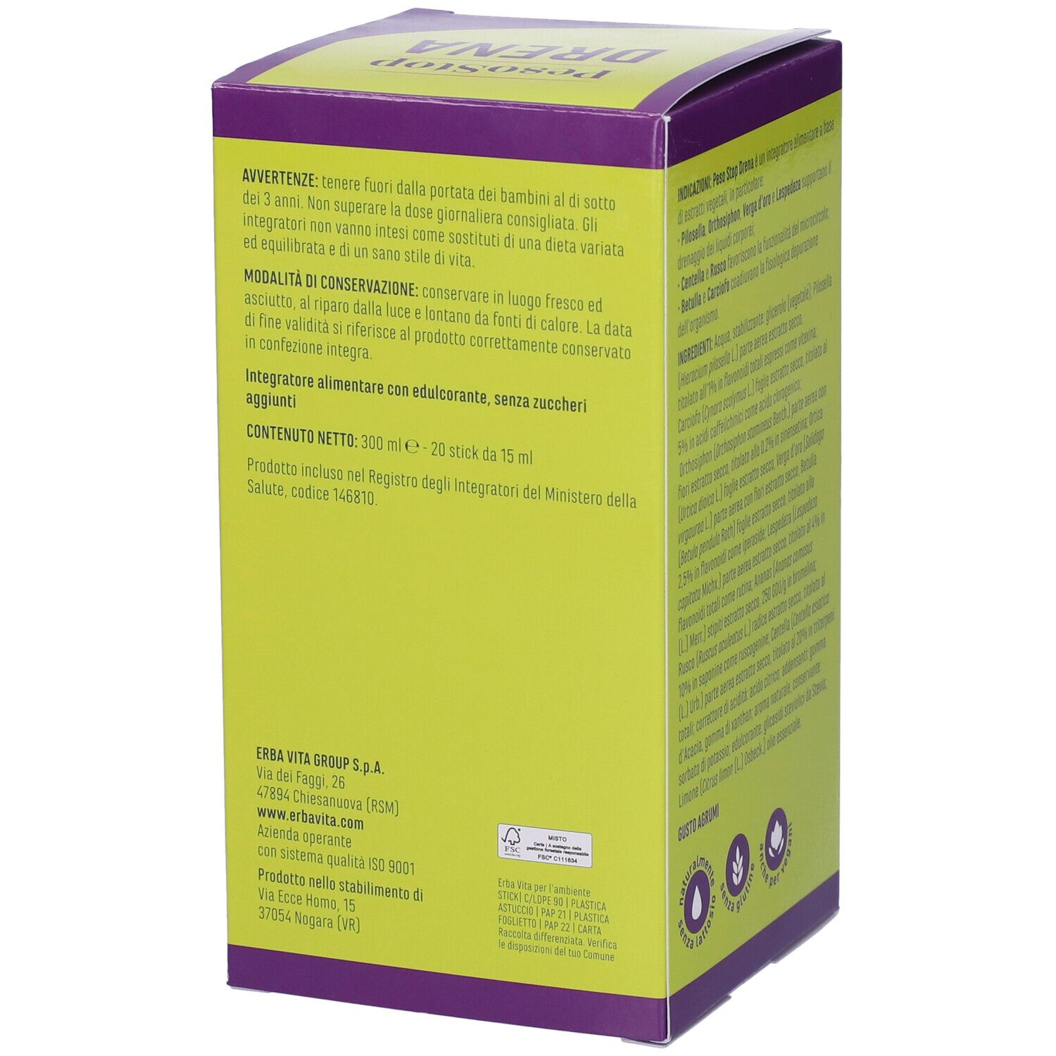 Lato della scatola con avvertenze e informazioni sul contenuto. Marchio: Erba Vita.