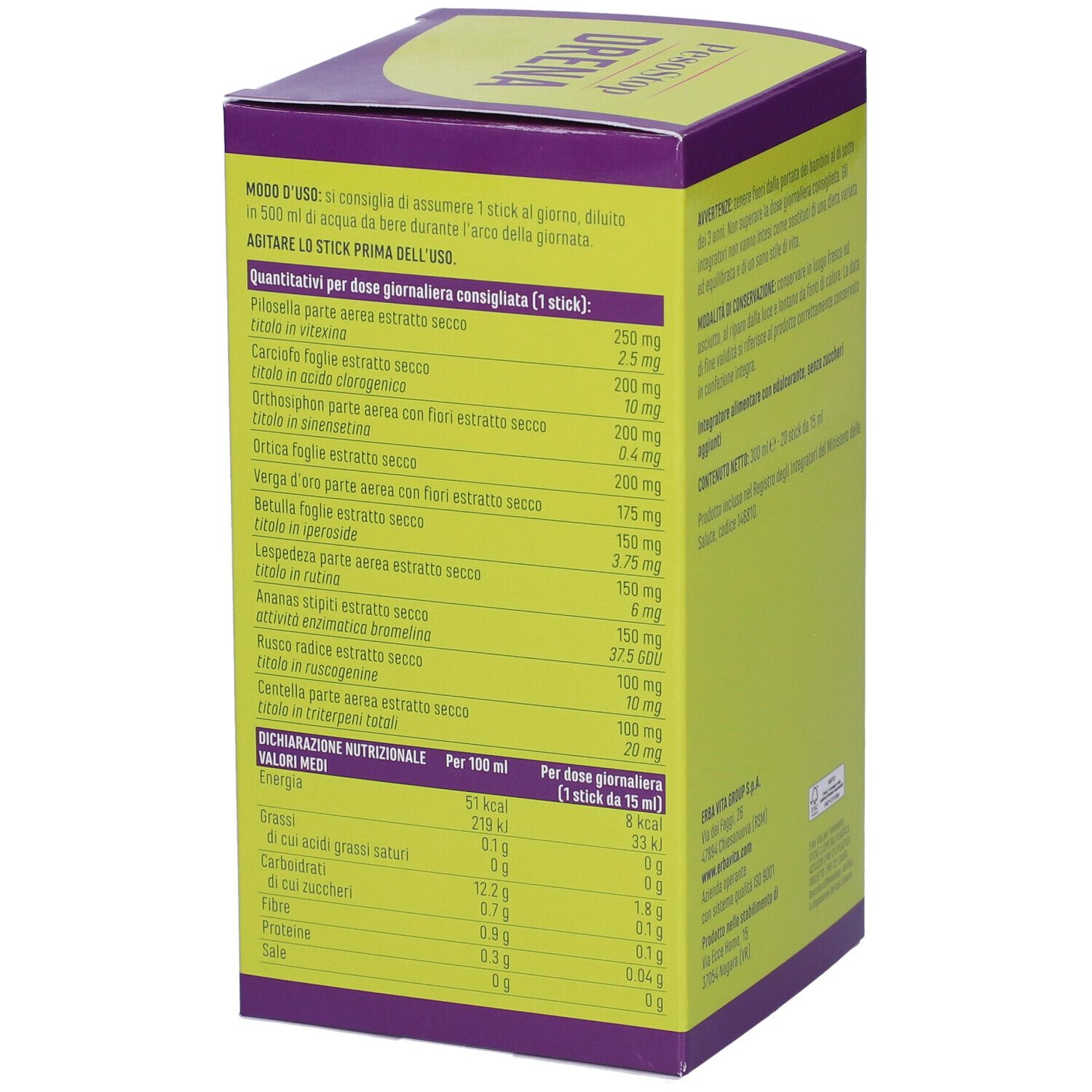 Lato della scatola con istruzioni per il dosaggio e informazioni nutrizionali. Marchio: Erba Vita.