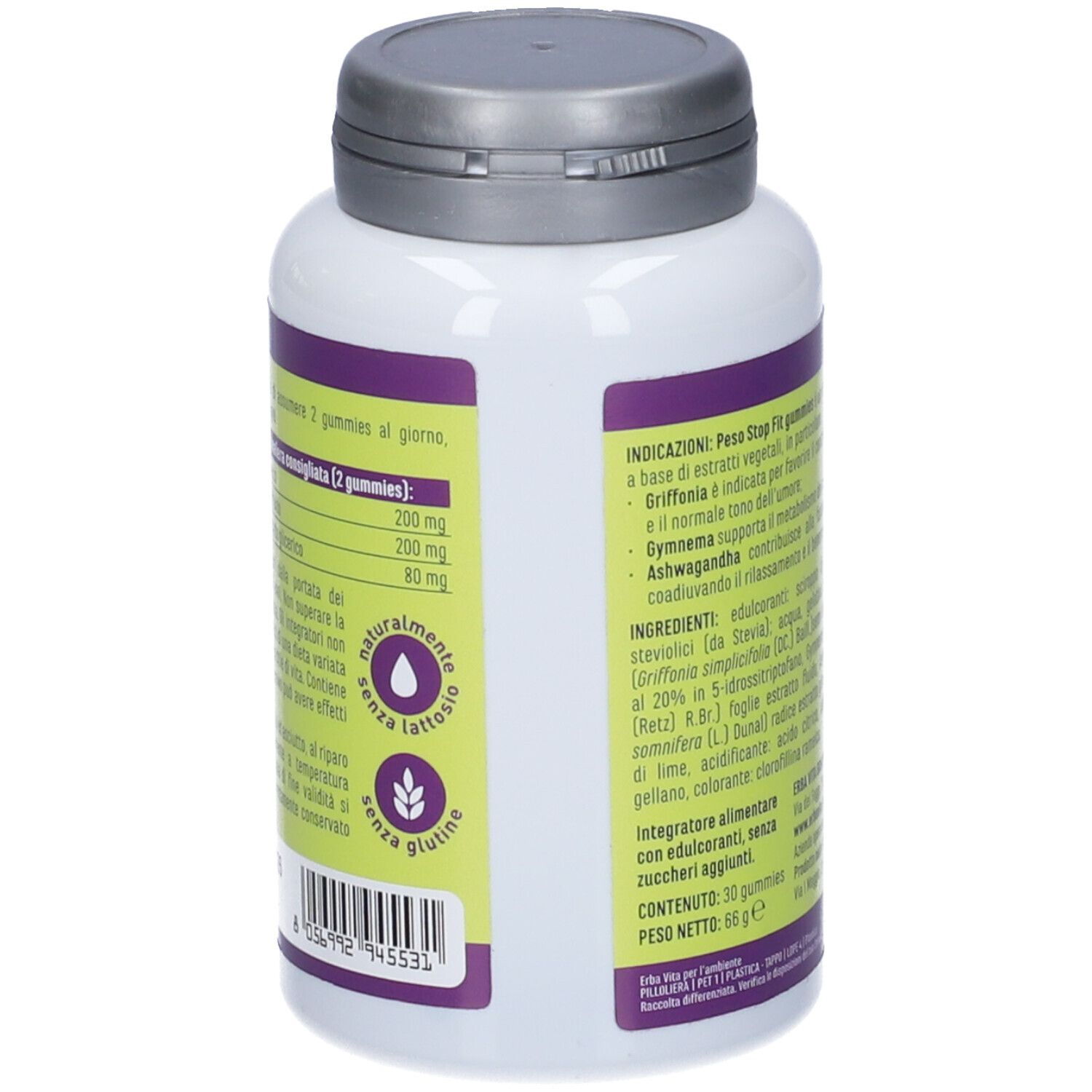 Retro del flacone. Testo in italiano. Dosaggio, ingredienti, avvertenze. Senza glutine e senza lattosio.