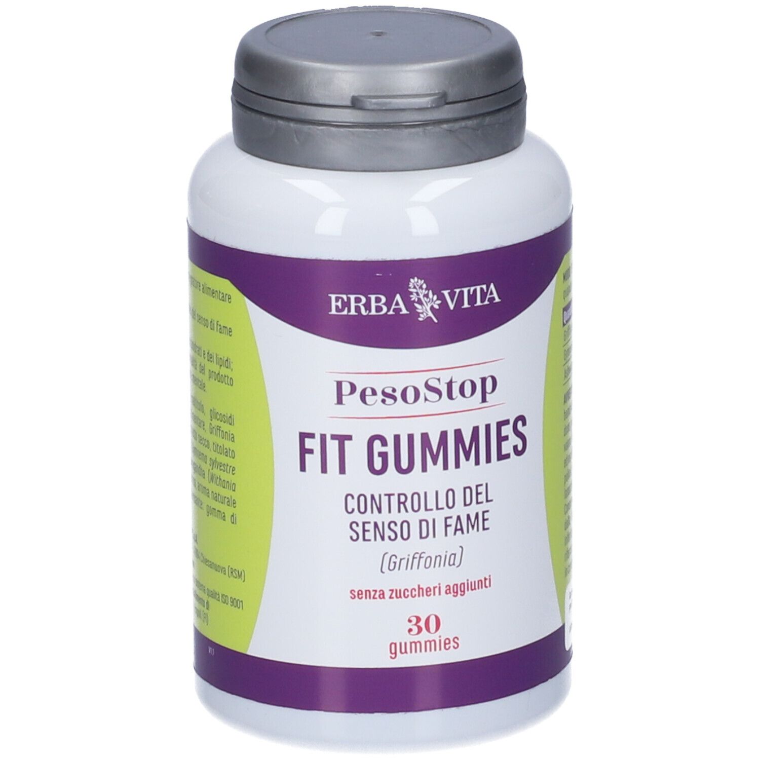 Flacone bianco con etichetta viola. Scritta: Erba Vita, PesoStop Fit Gummies. 30 caramelle gommose. Coperchio grigio.