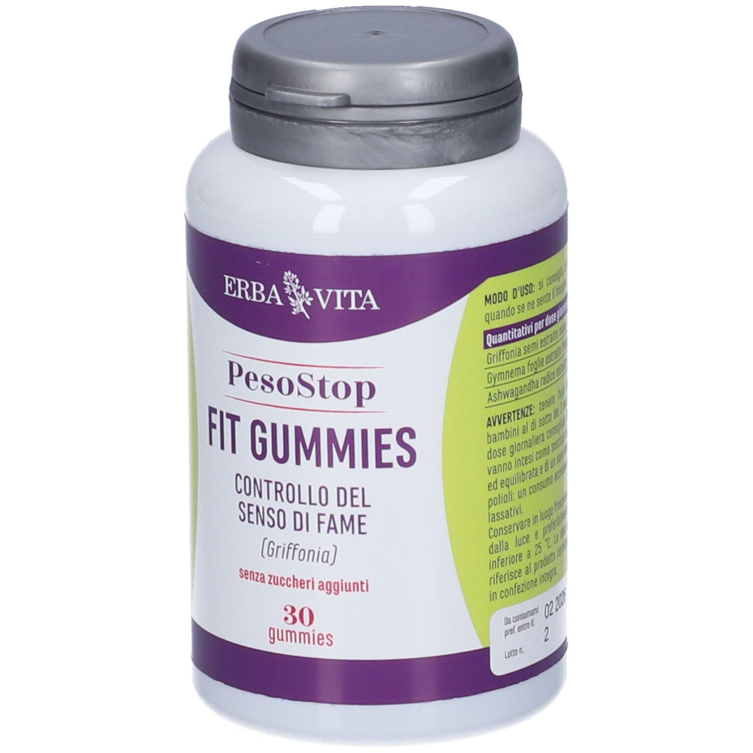 Flacone bianco con etichetta viola. Scritta: Erba Vita, PesoStop Fit Gummies. 30 caramelle gommose. Coperchio grigio.