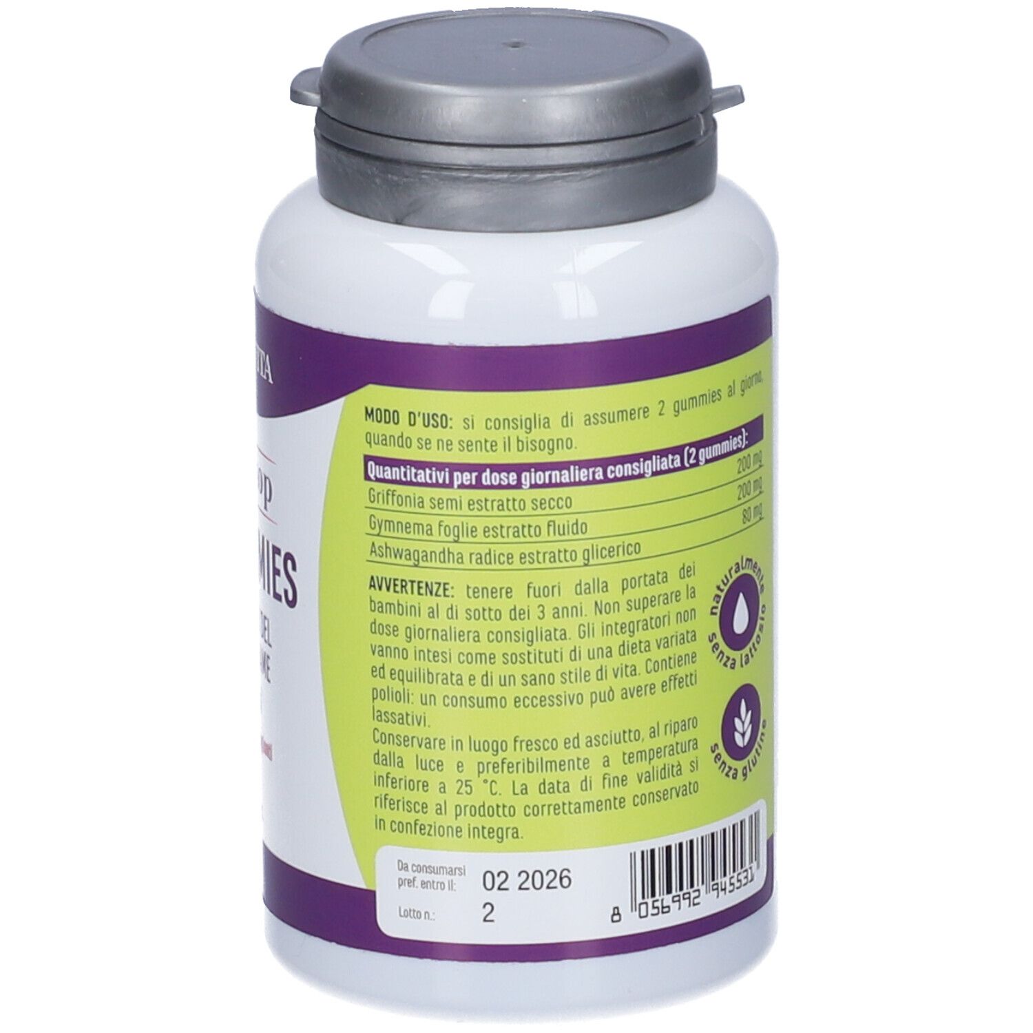 Retro del flacone. Testo in italiano. Dosaggio, ingredienti, avvertenze. Data di scadenza.