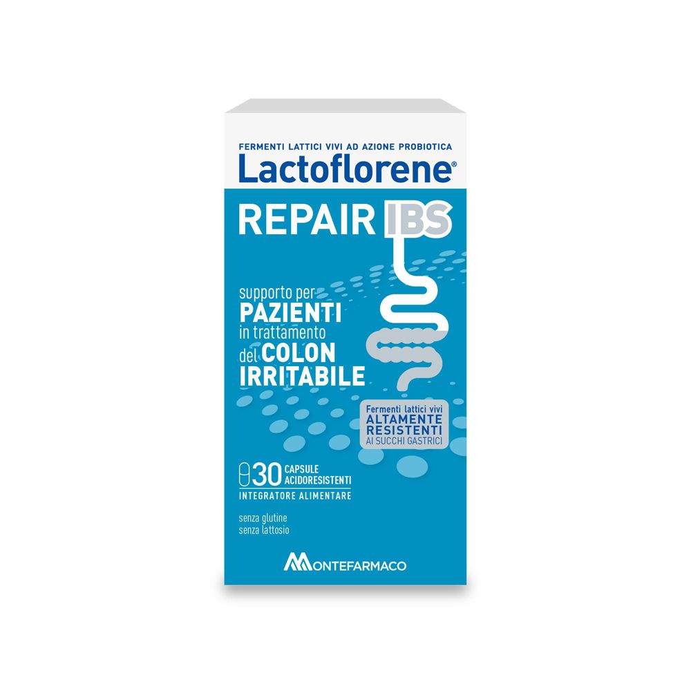 Scatola blu. Scritta: Lactoflorene Repair IBS. 30 capsule. Per la sindrome del colon irritabile. Montefarmaco.