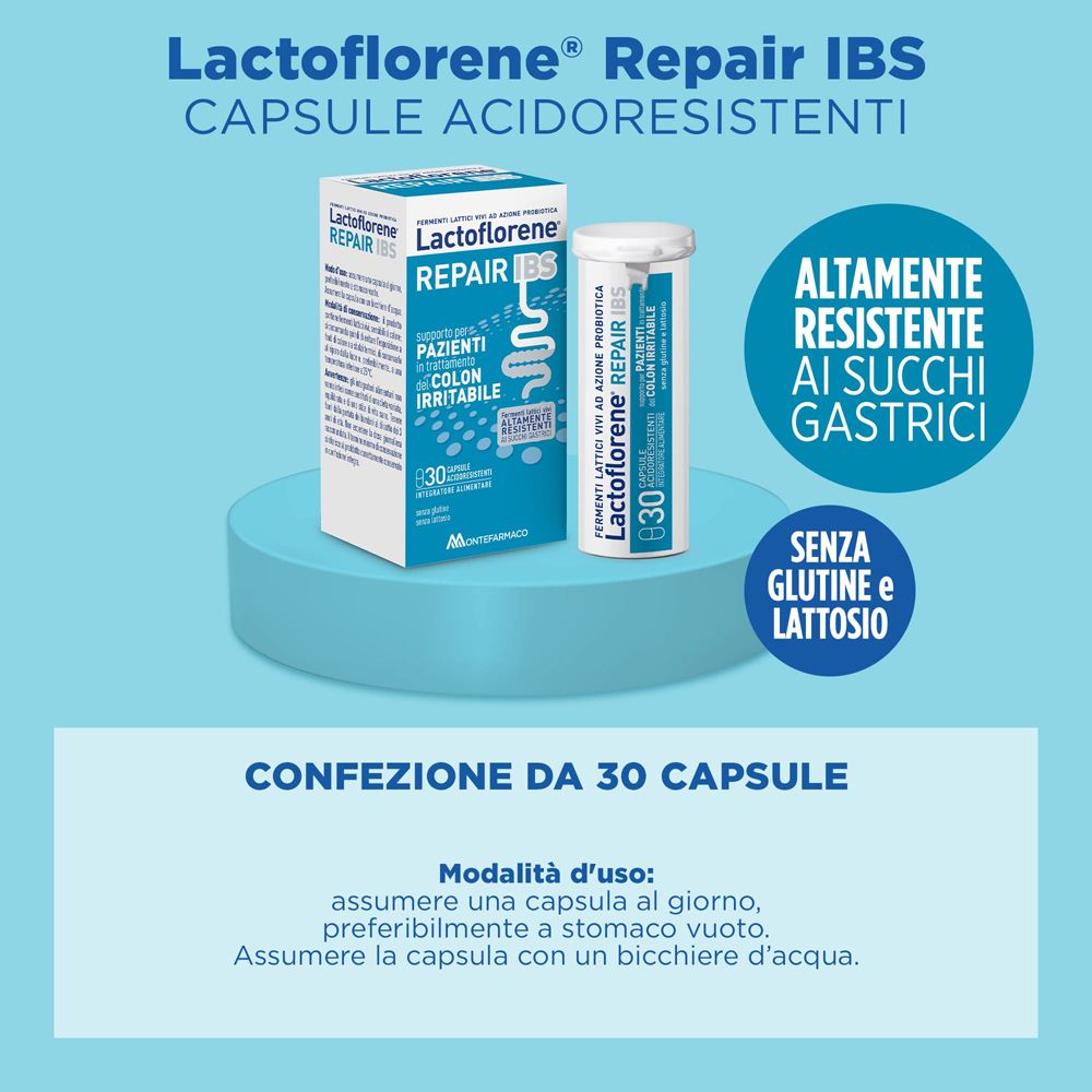 Confezione del prodotto. Capsule Lactoflorene Repair IBS. 30 capsule. Senza glutine e lattosio.