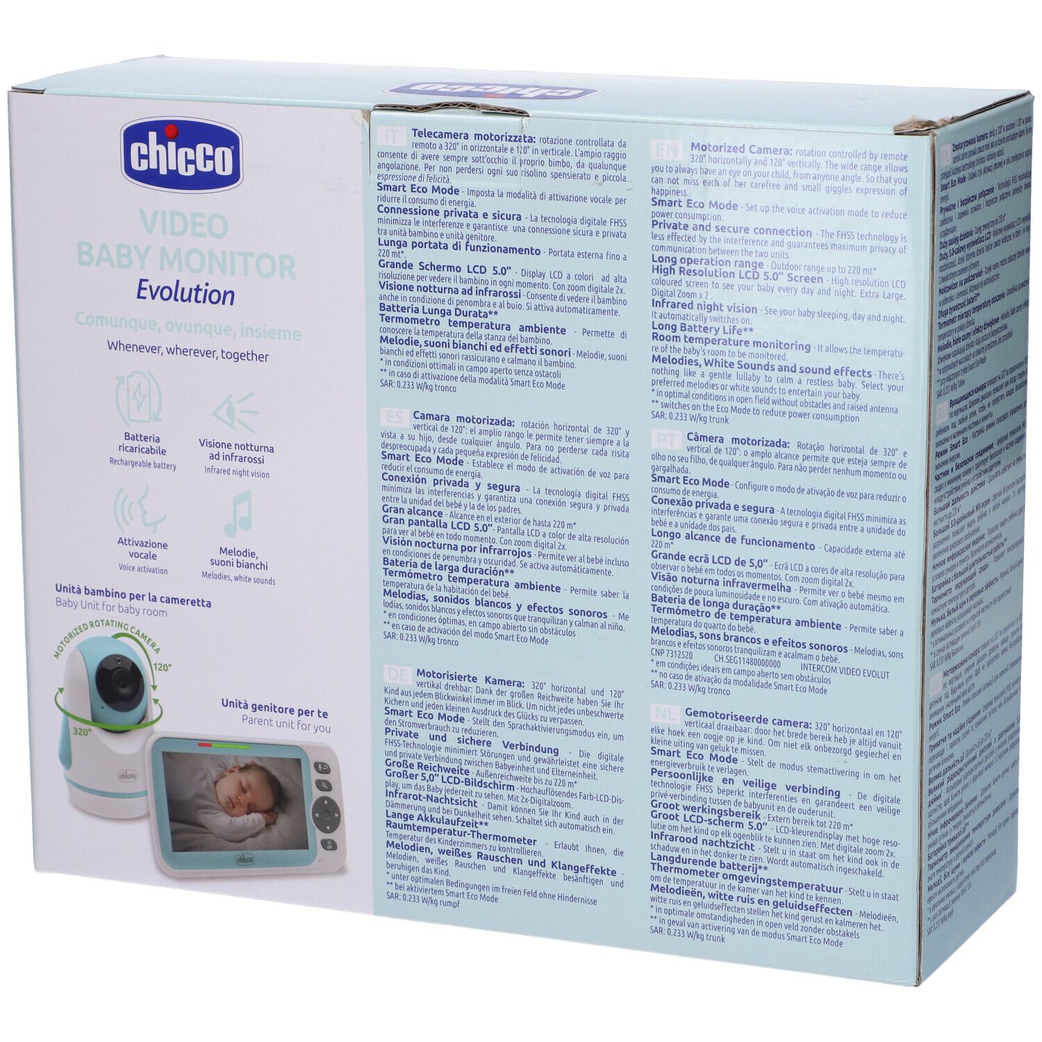 Retro della confezione del baby monitor. Testo e illustrazioni. Marchio: Chicco. Testo: Video Baby Monitor Evolution.