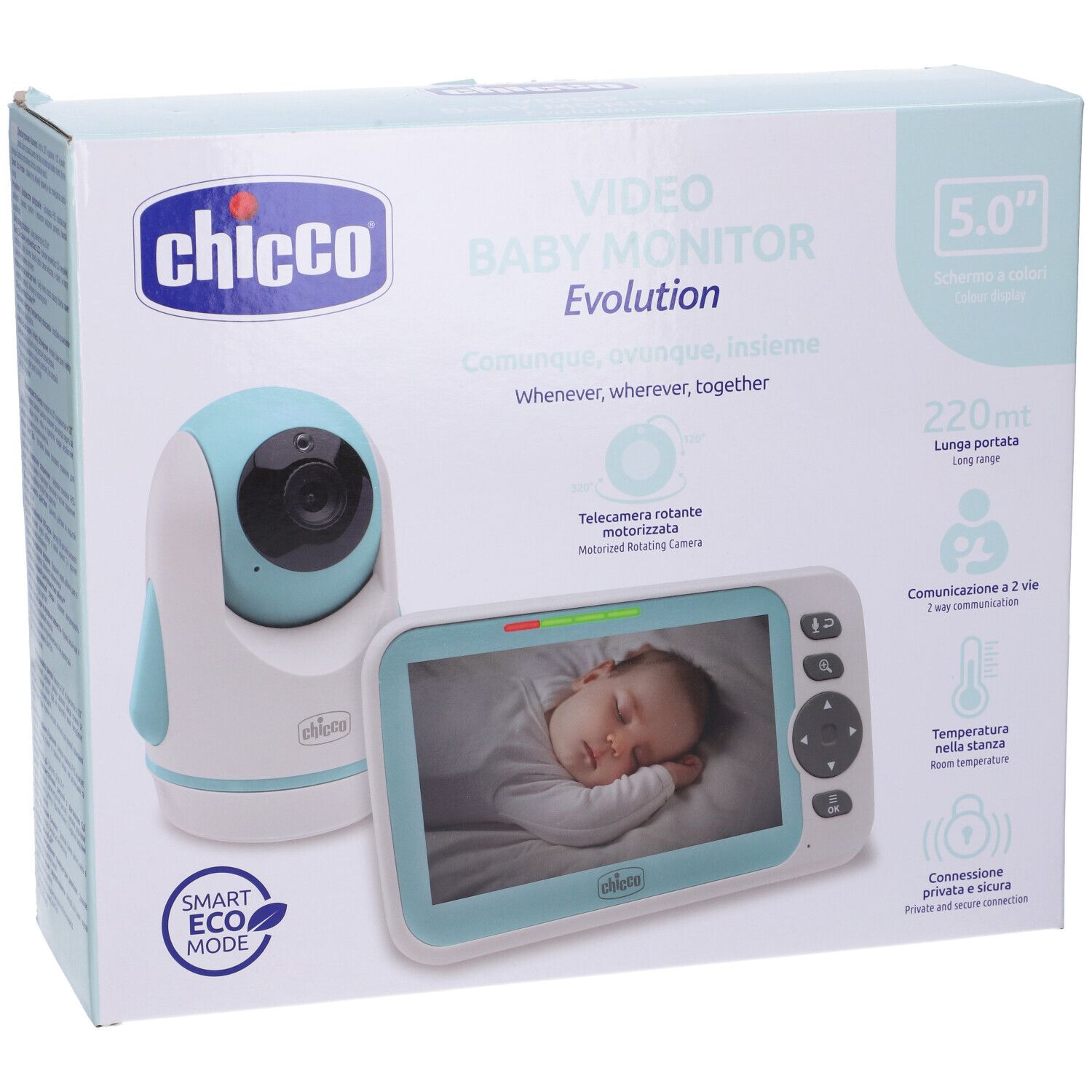 Confezione del baby monitor. Fotocamera e schermo mostrati. Marchio: Chicco. Testo: Video Baby Monitor Evolution.