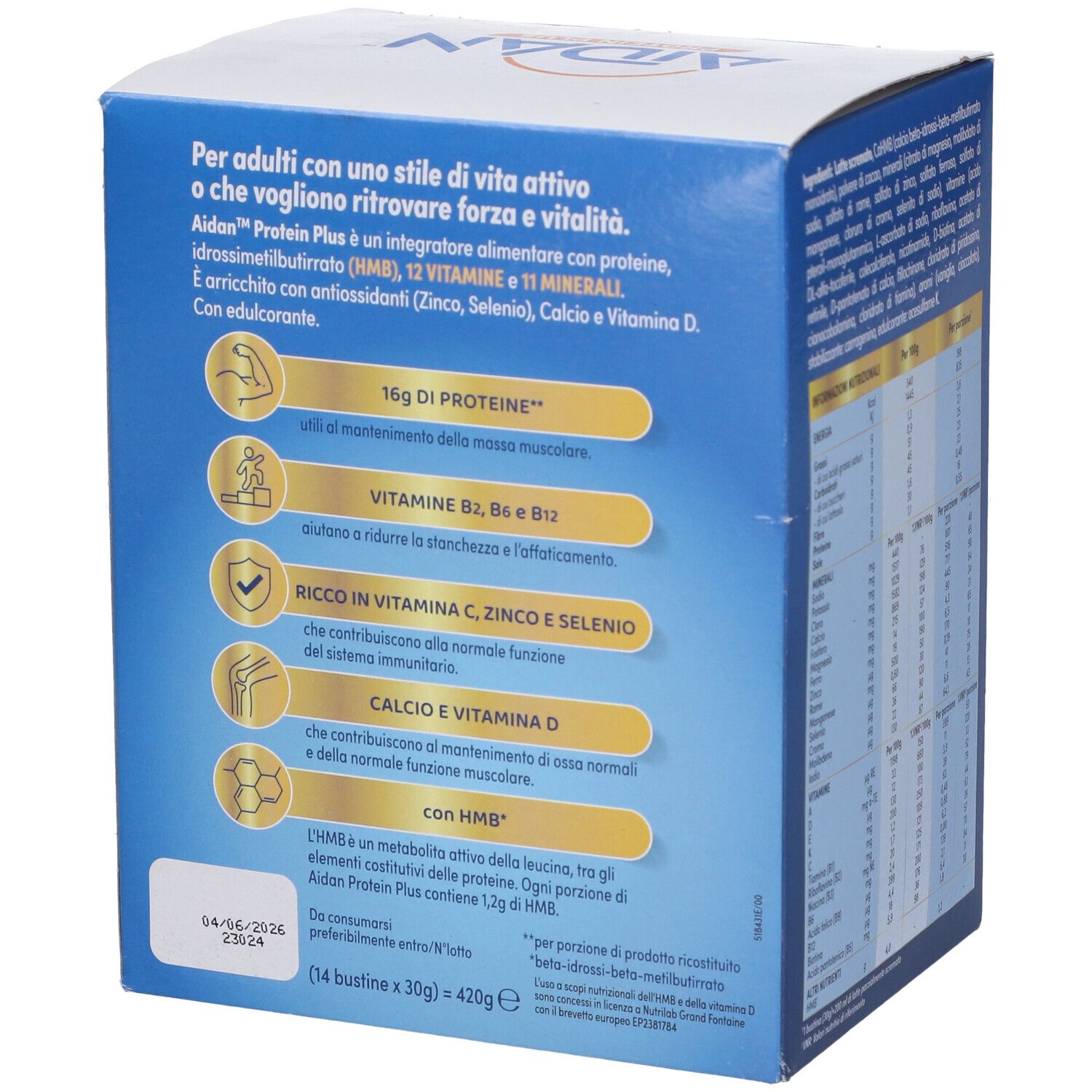 Lato della scatola Aidan Protein Plus Cioccolato. Contiene informazioni sull'uso e gli ingredienti.