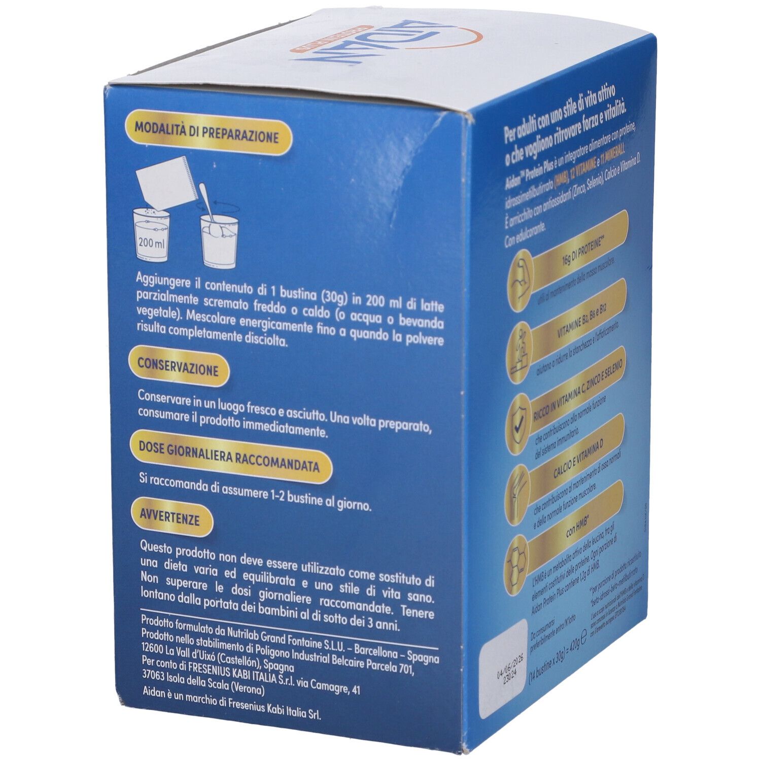 Retro della scatola Aidan Protein Plus Cioccolato. Contiene istruzioni per la preparazione e dosaggio.