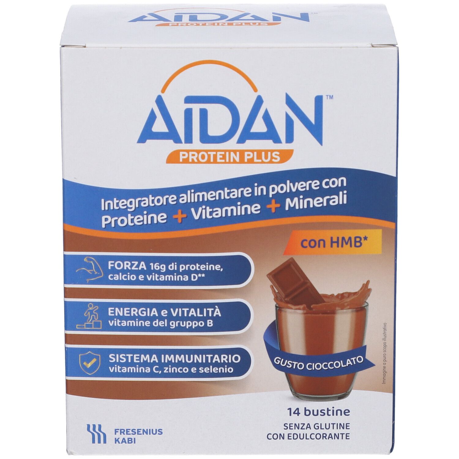 Scatola di Aidan Protein Plus Cioccolato, 14 bustine. Contiene proteine, vitamine, minerali. Gusto cioccolato.