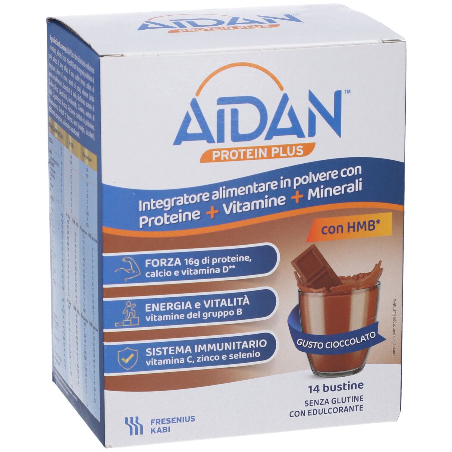 Scatola di Aidan Protein Plus Cioccolato, 14 bustine. Contiene proteine, vitamine, minerali. Gusto cioccolato.