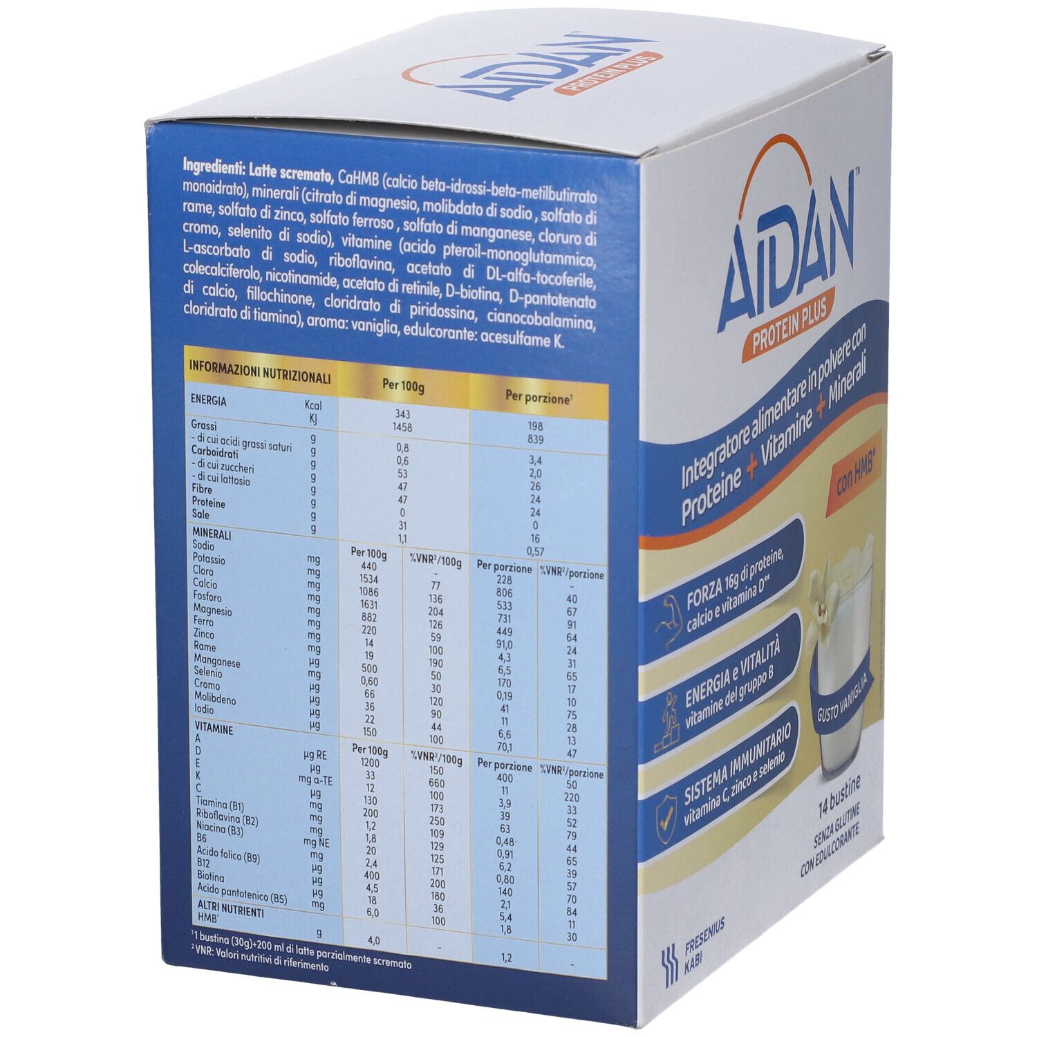 Aidan Protein Plus Vaniglia. Retro confezione con informazioni nutrizionali e lista ingredienti.