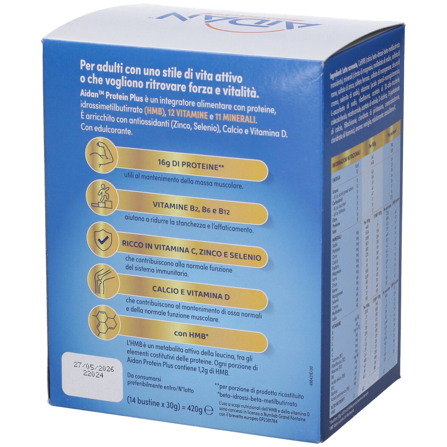Aidan Protein Plus Vaniglia. Retro confezione con informazioni d'uso e ingredienti.