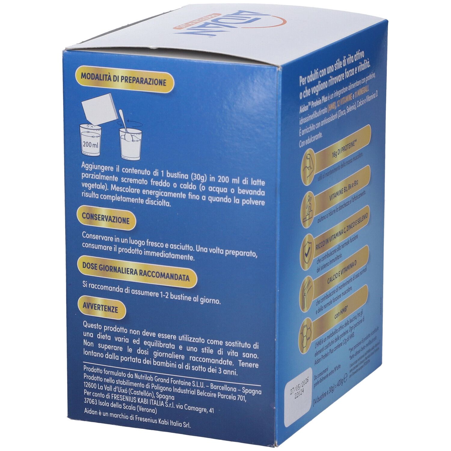 Aidan Protein Plus Vaniglia. Confezione con istruzioni per la preparazione e raccomandazioni di dosaggio.