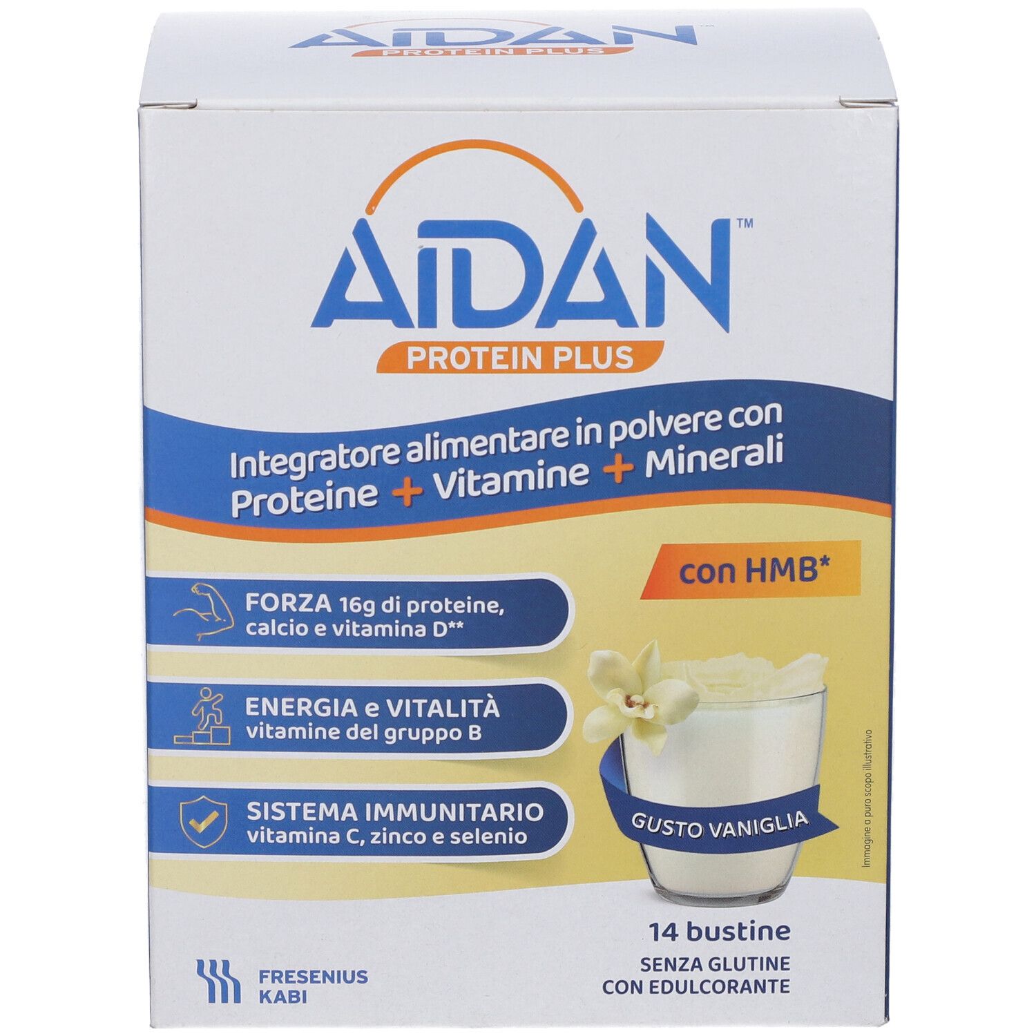 Aidan Protein Plus Vaniglia, 14 bustine. Scatola con informazioni e immagine gusto vaniglia.