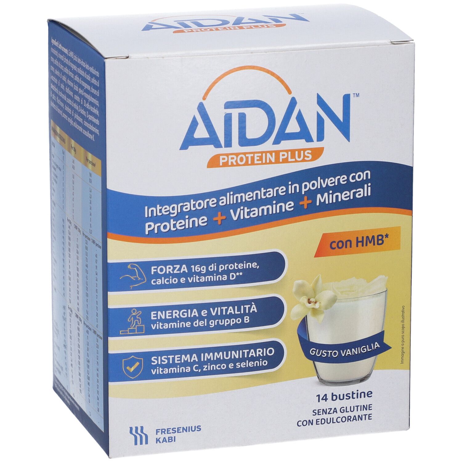 Aidan Protein Plus Vaniglia, 14 bustine. Scatola con informazioni e immagine gusto vaniglia.