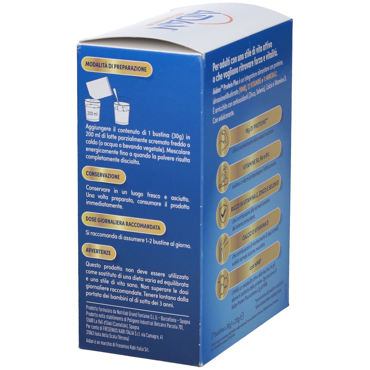 Lato della confezione Aidan Protein Plus. Istruzioni per la preparazione: 1 bustina in 200 ml di liquido. Dose giornaliera raccomandata: 1-2 bustine.