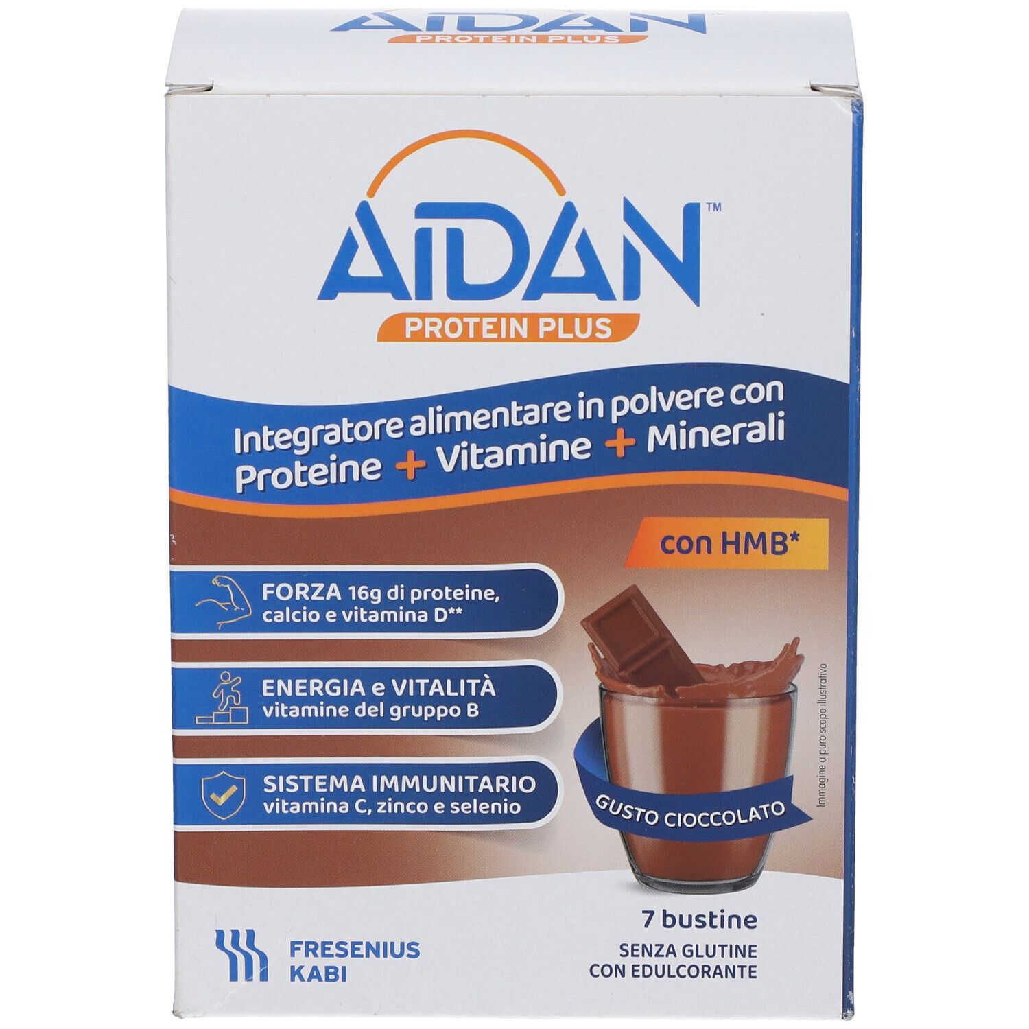 Scatola di Aidan Protein Plus, 7 bustine. Contiene proteine, vitamine, minerali. Gusto cioccolato. Contiene HMB.