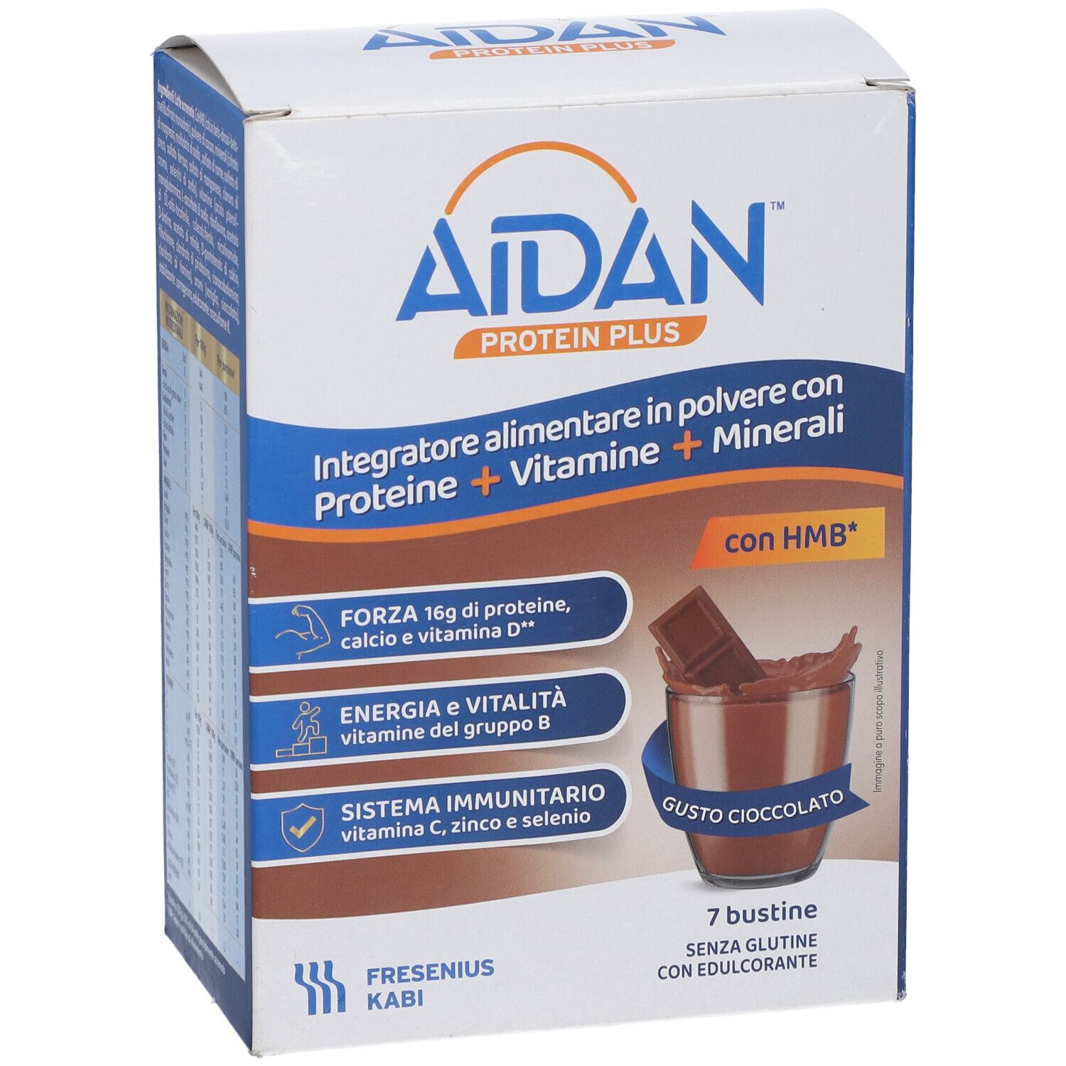 Scatola di Aidan Protein Plus, 7 bustine. Contiene proteine, vitamine, minerali. Gusto cioccolato. Contiene HMB.